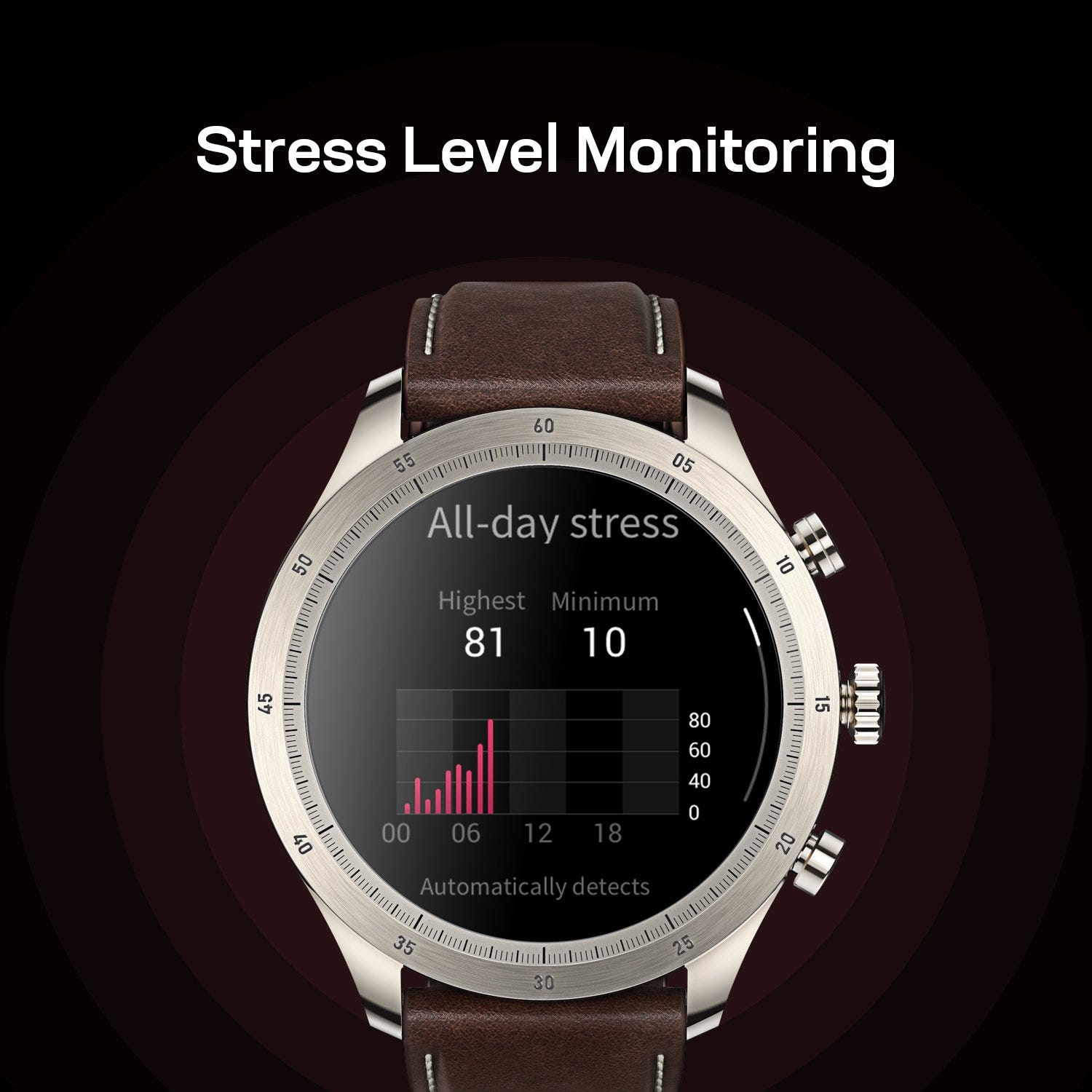 Smartwatch zeigt Stresslevel-Überwachung. Braunes Lederarmband, silbernes Gehäuse, schwarzes Display.