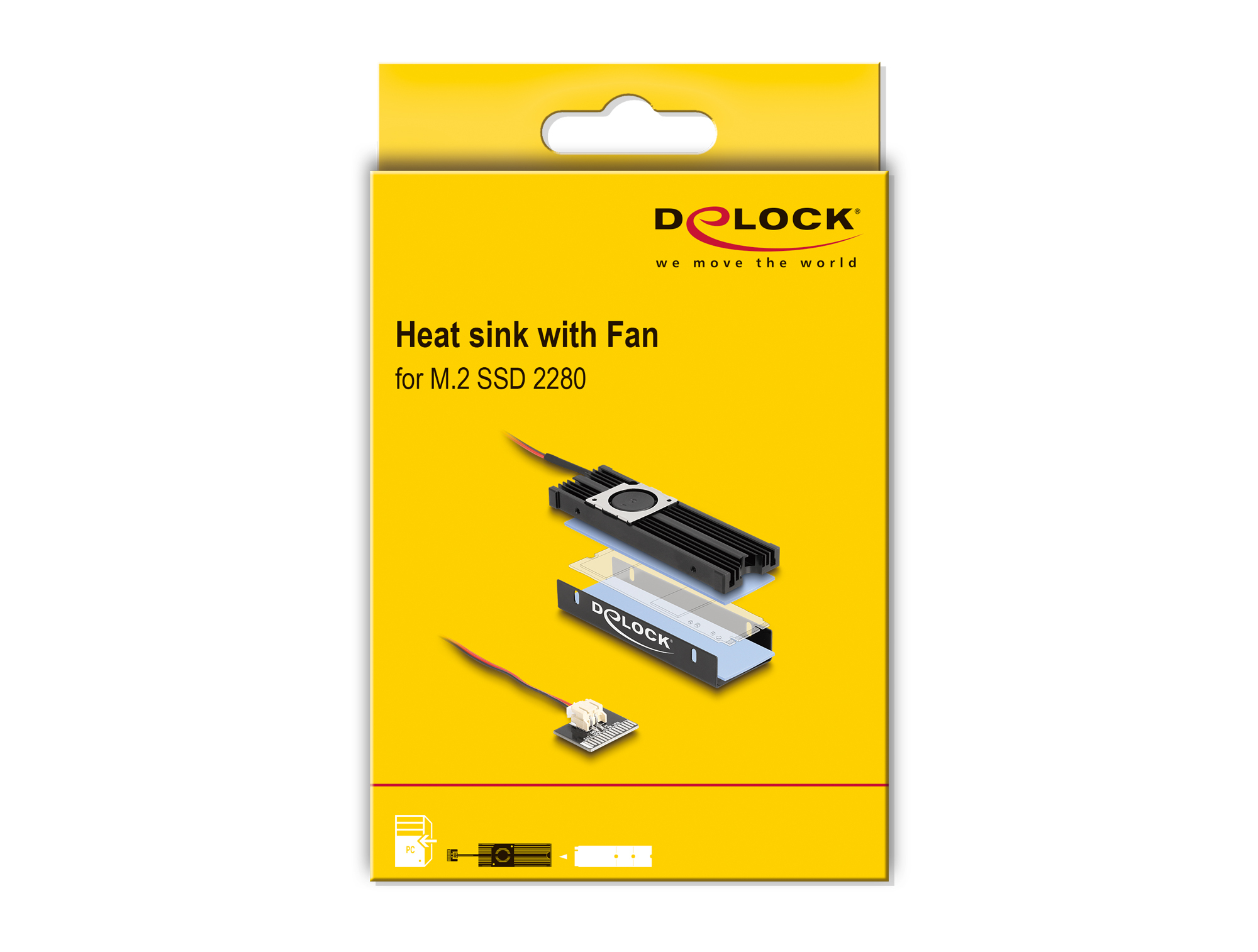 Scatola gialla con dissipatore e ventola per SSD M.2.