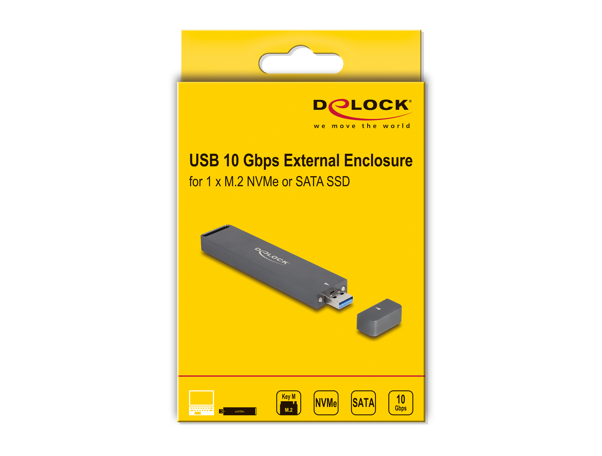 Scatola gialla mostra un enclosure esterno USB 10 Gbps, con immagine del prodotto. Per SSD M.2 NVMe o SATA.