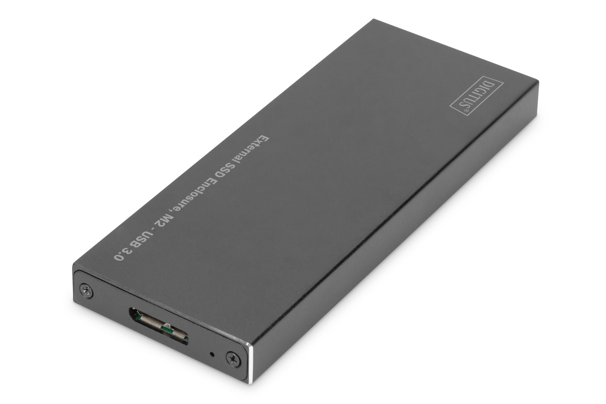 Dunkelgraues externes SSD-Gehäuse mit USB 3.0-Anschluss. Marke: Digitus.