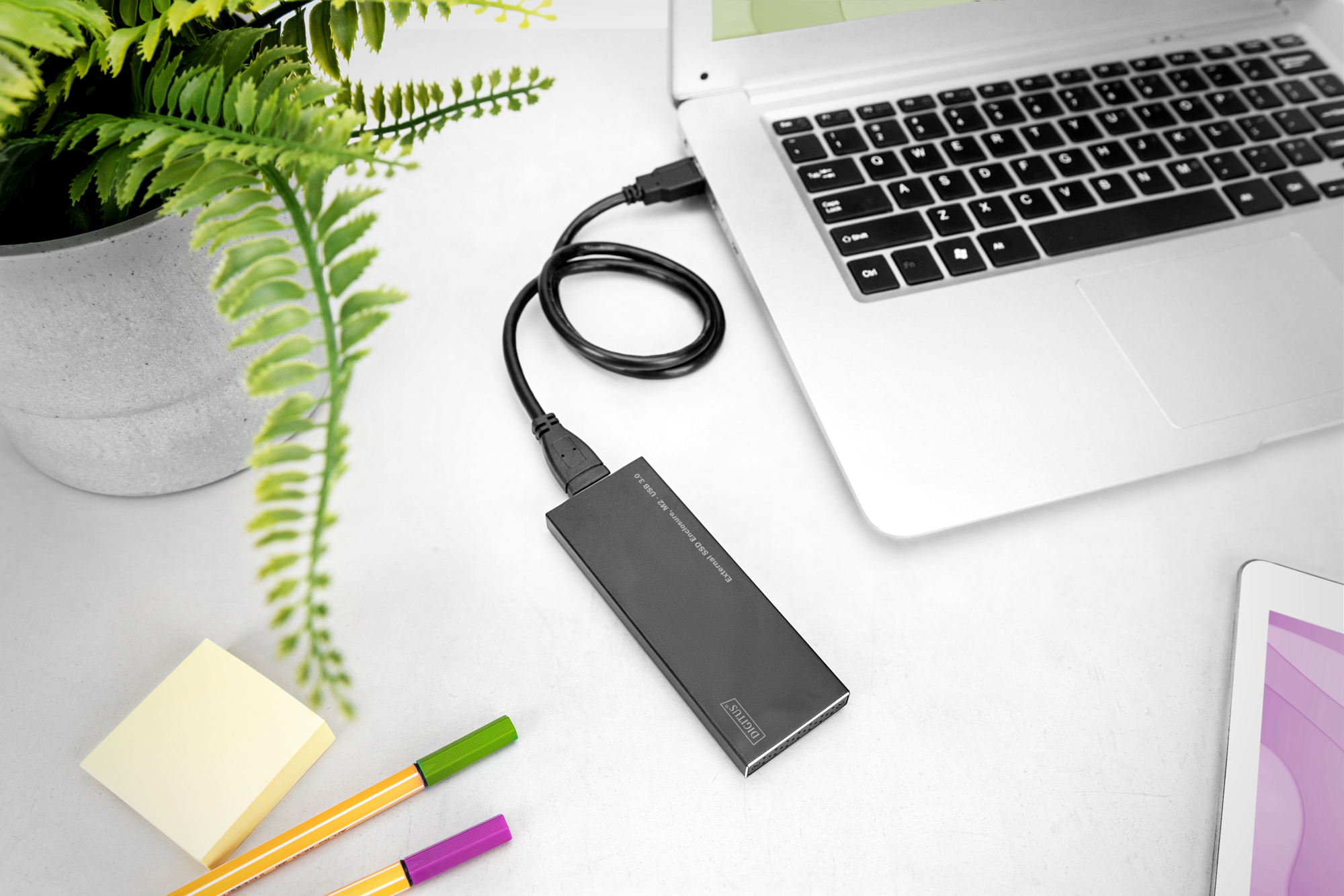 Laptop mit schwarzem Kabel, verbunden mit einem Digitus externen SSD-Gehäuse.