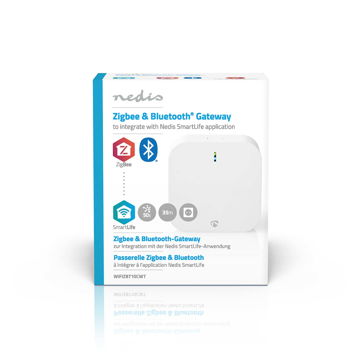 Doos met Zigbee & Bluetooth Gateway tekst. Witte en blauwe kleuren. Witte achtergrond.