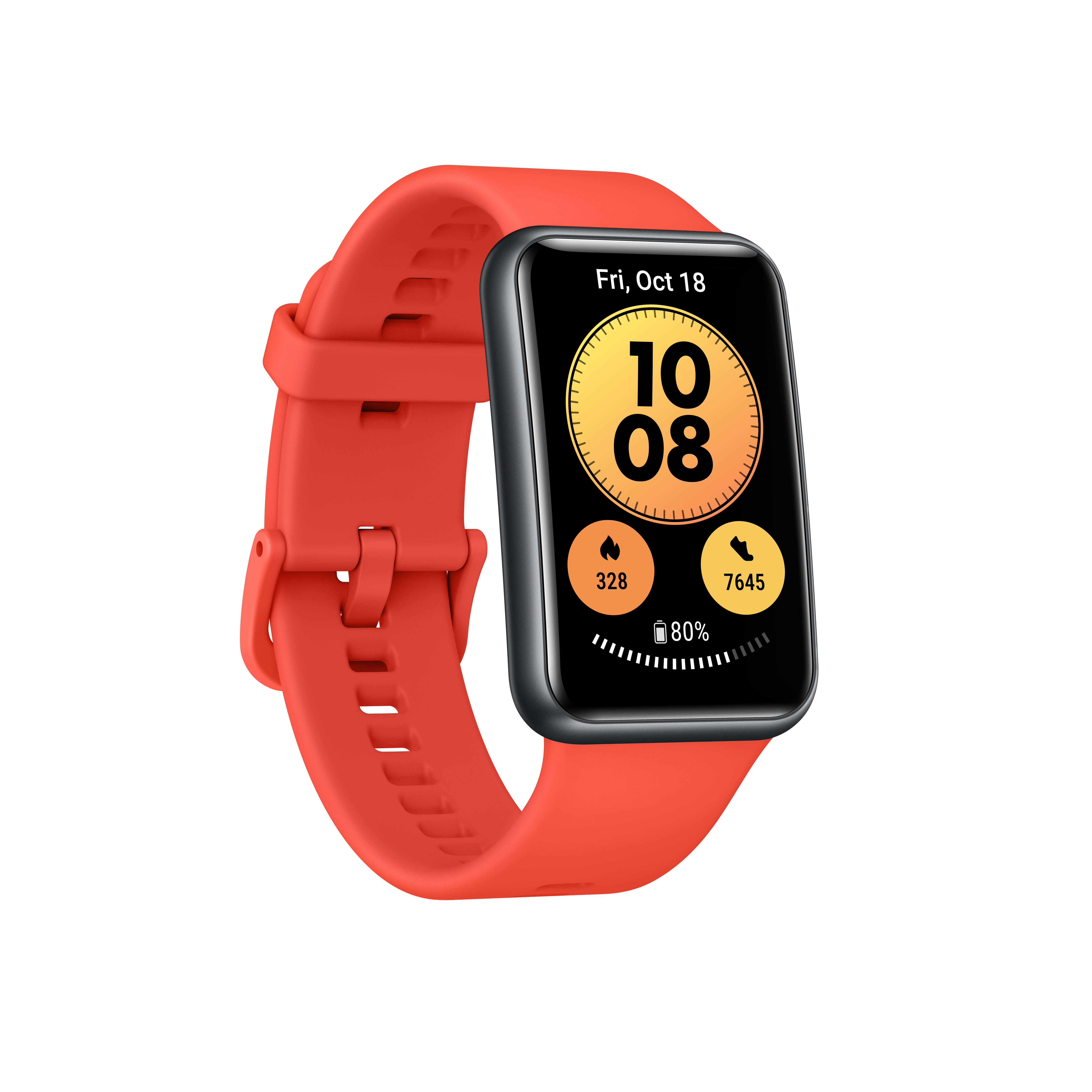 Czerwony smartwatch z czerwonym paskiem, pokazujący godzinę i dane na ekranie. Pokazuje 80% baterii.