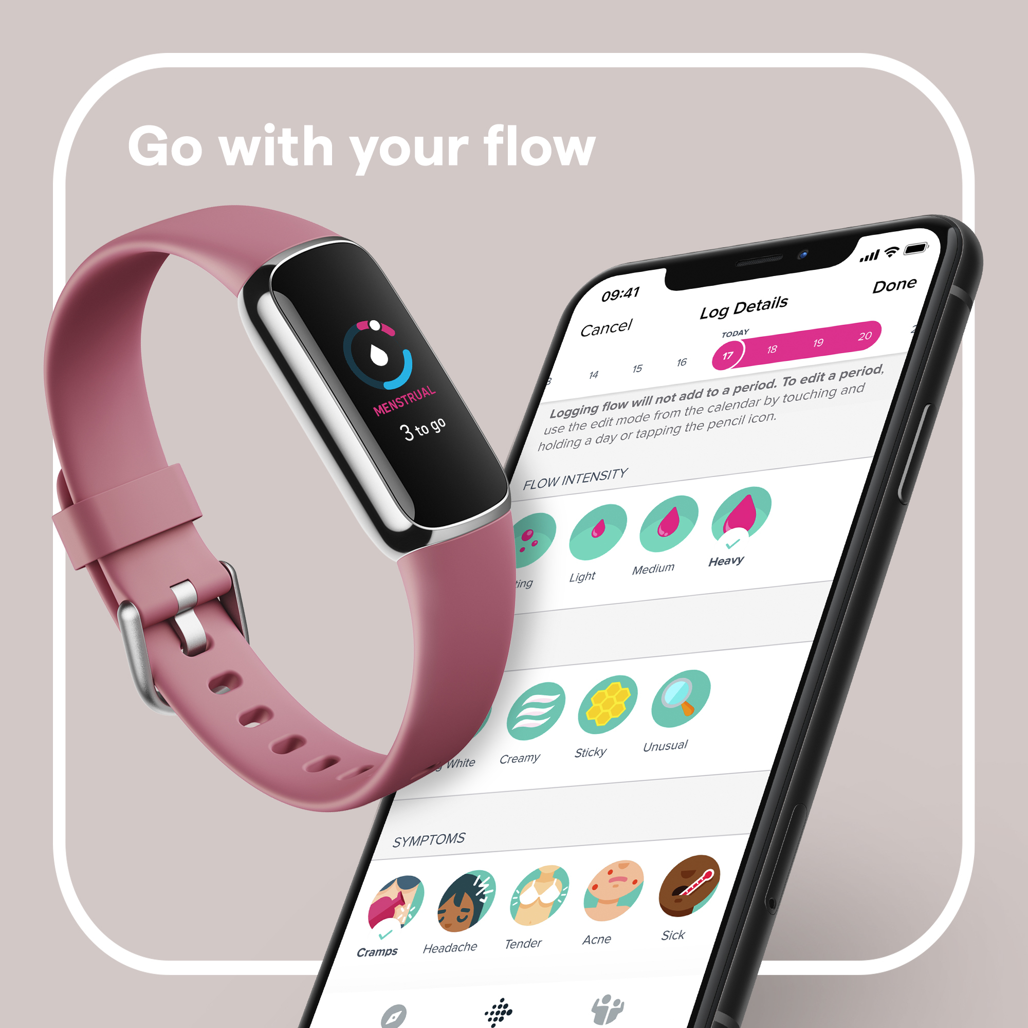 Smartwatch und Telefon mit Menstruationszyklusdaten. Rosa Uhrenarmband. Weißer Hintergrund.
