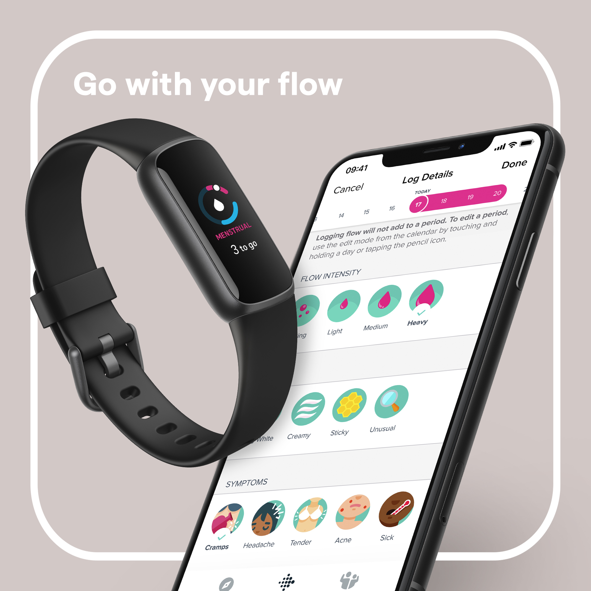 Schwarze Uhr am schwarzen Band mit Telefon, das eine App zeigt. Text: „Geh mit deinem Flow“.