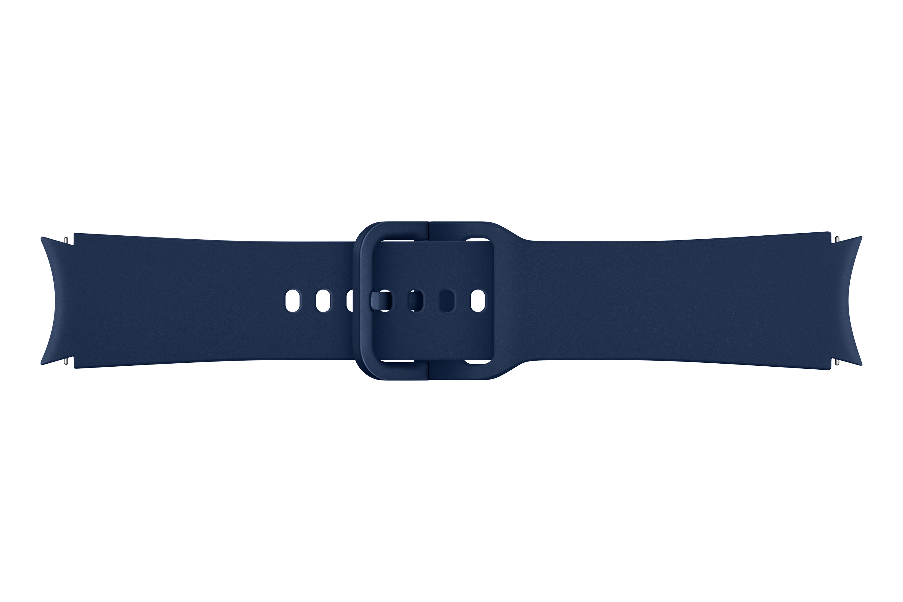 Granatowy pasek do zegarka ze sprzączką, na białym tle. Pasek jest zakrzywiony.