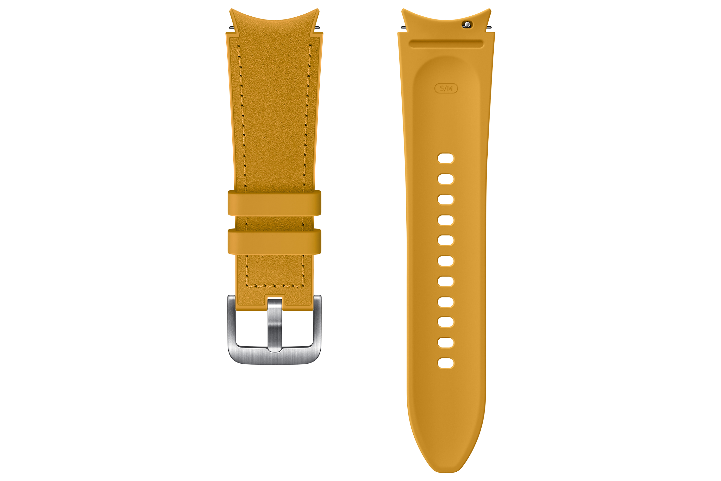 Senfgelbe Uhrenarmbänder, eines mit Schnalle, das andere mit Löchern, auf weißem Hintergrund.
