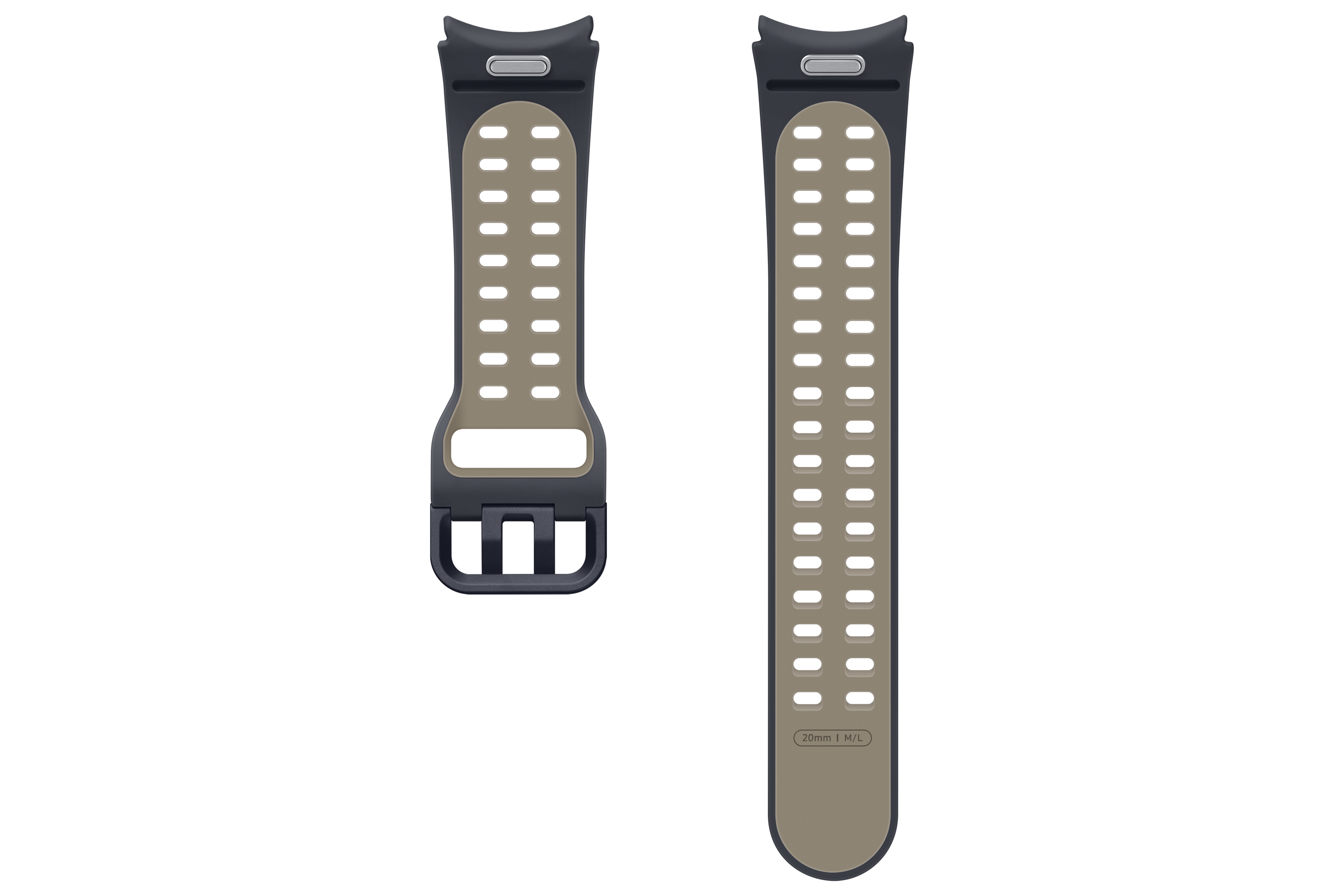 Cinturino grigio scuro, con interno beige, isolato su sfondo bianco.