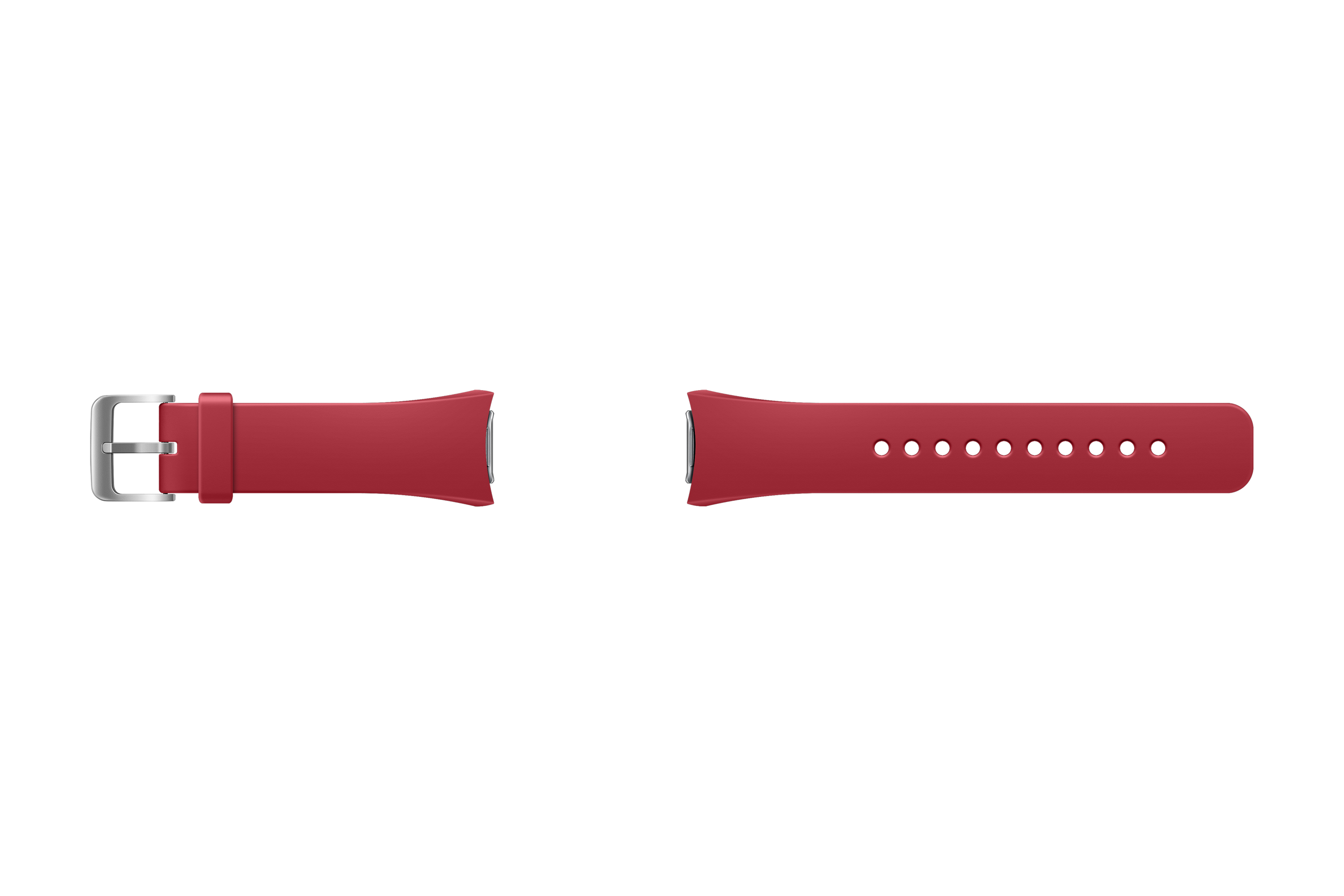 Dos partes de correa de reloj roja, separadas sobre blanco. Una tiene cierre, otra agujeros.
