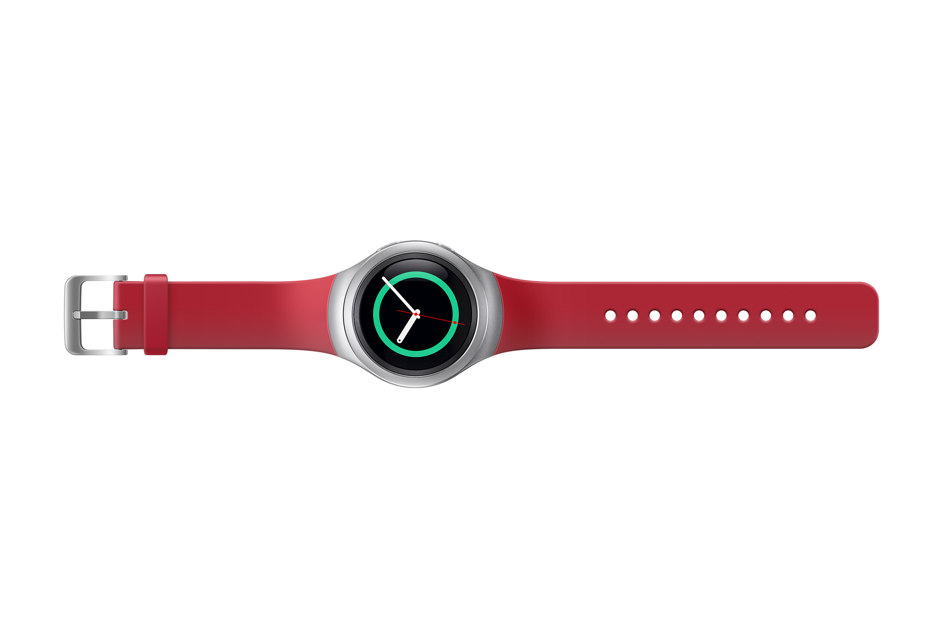 Reloj rojo con correa roja, aislado sobre fondo blanco.