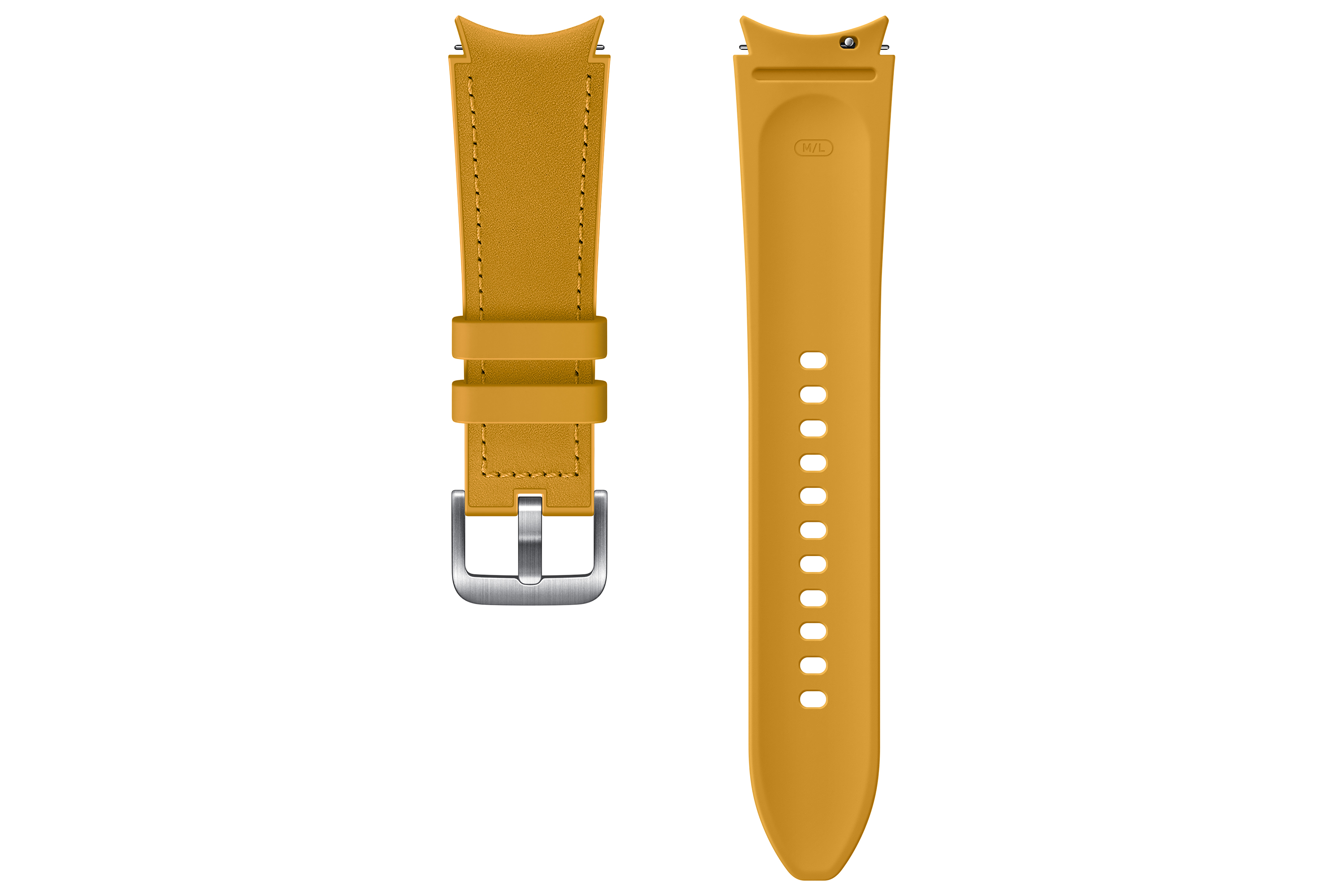 Correa de reloj amarillo mostaza, dos piezas. Una con hebilla, otra con agujeros. Sobre fondo blanco.