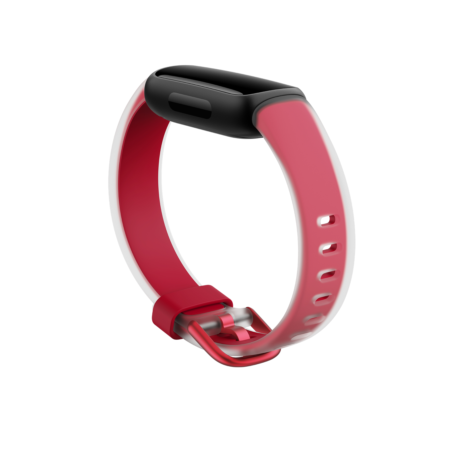 Un bracelet de montre connectée rouge et blanc avec écran noir. Le bracelet est détaché.