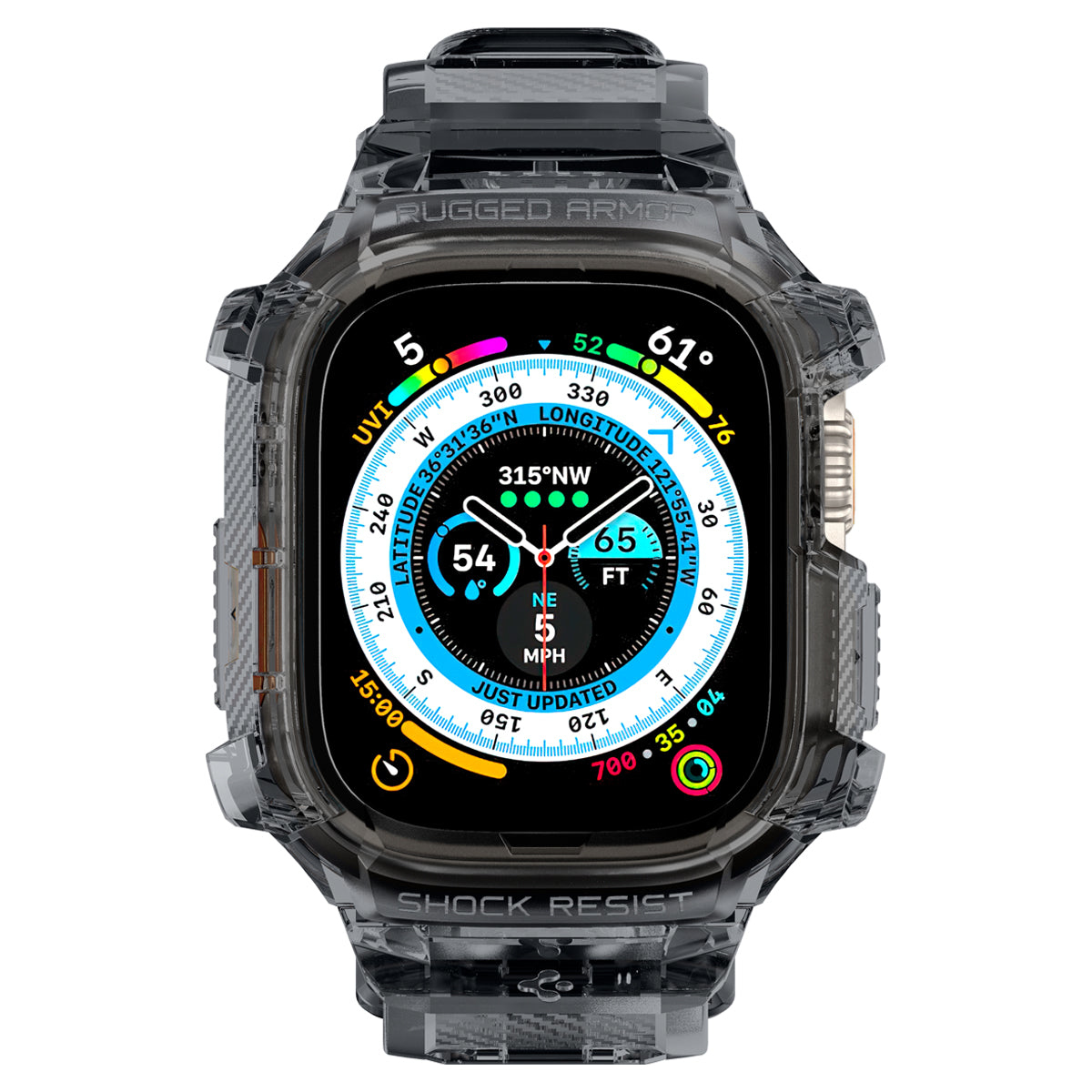 Apple Watch Ultra z przezroczystą obudową, wyświetlający szczegóły nawigacji na ekranie.