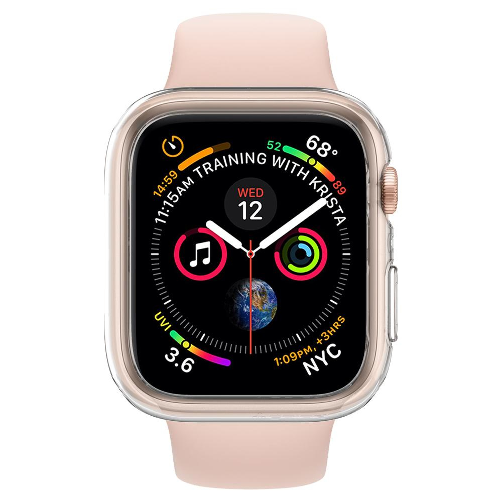 Apple Watch on a pink band. The watch face displays time, date, and info. A clear case protects it.