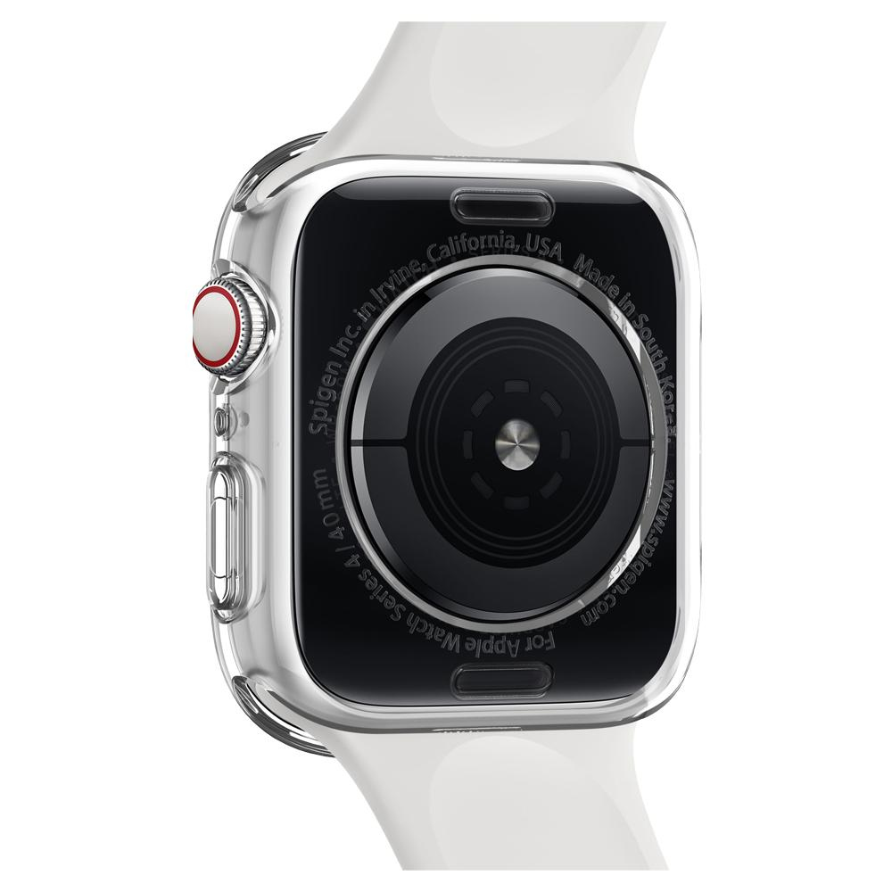 Apple Watch with a clear case. The watch shows a black screen. A white band is attached.