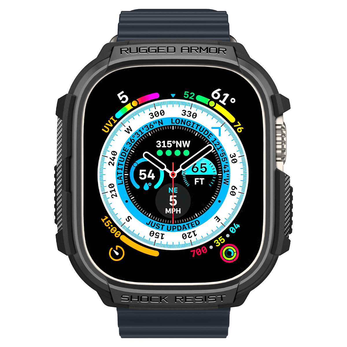 Smartwatch z ciemnoniebieskim paskiem. Tarcza zegarka pokazuje dane i znajduje się w czarnej obudowie.