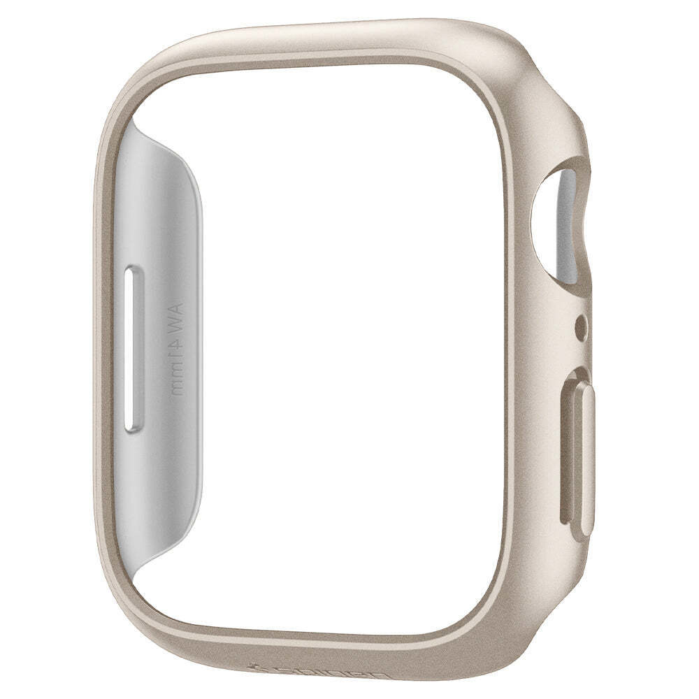 A gold-colored Apple Watch case, with a light grey interior, and a cutout for the watch screen.