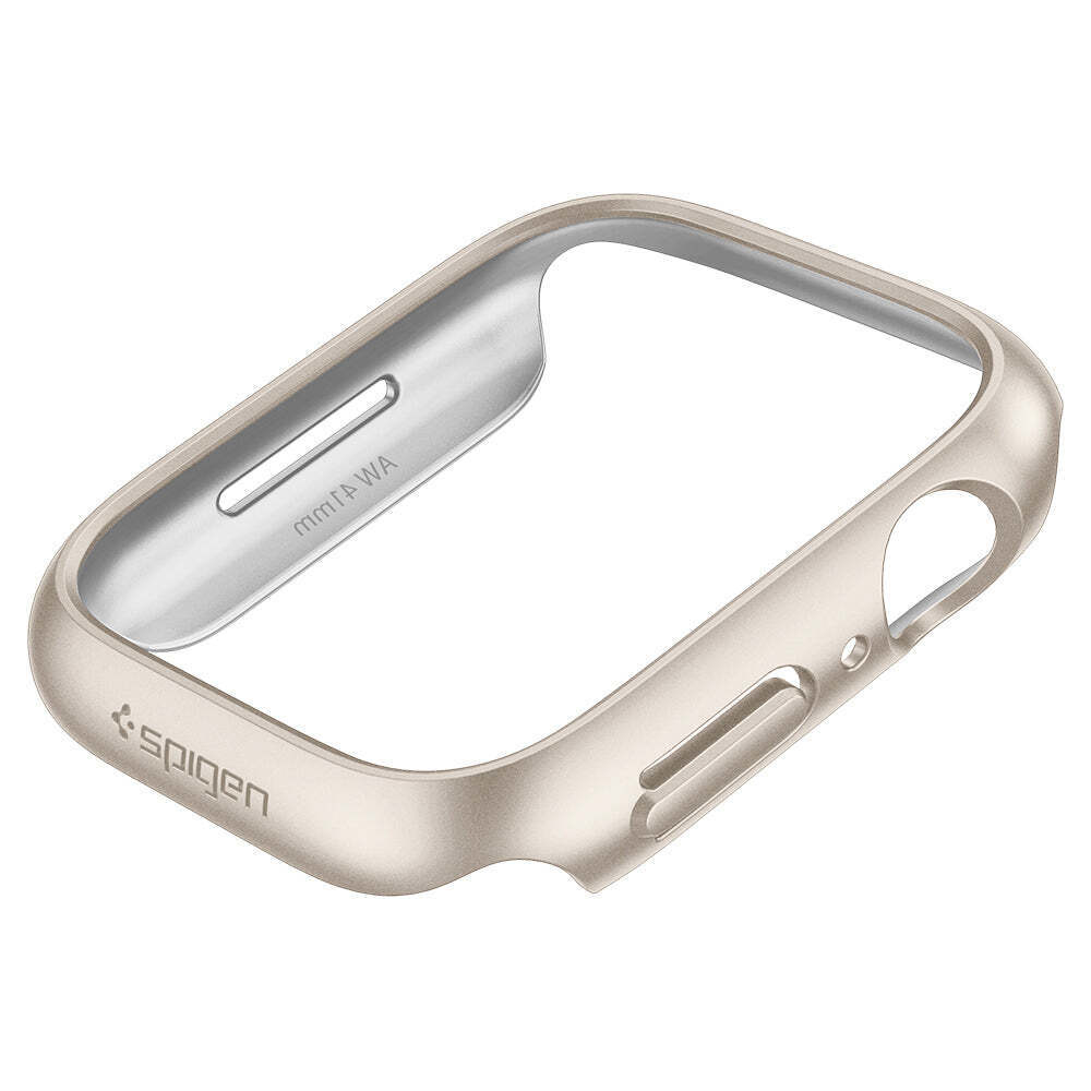 Gold watch case. The Spigen brand is visible. The case is for a watch.