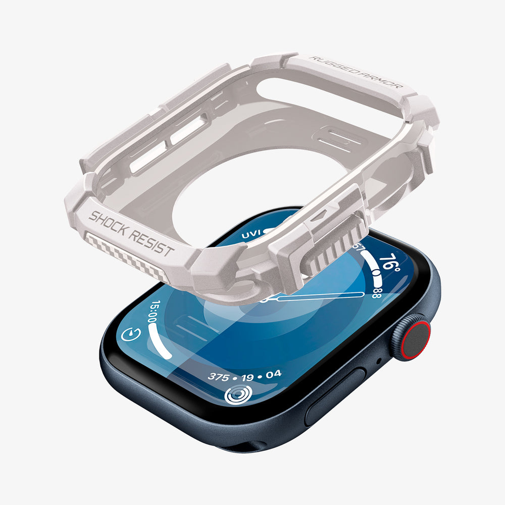 Smartwatch z białą obudową ochronną i niebieskim ekranem wyświetlającym informacje.