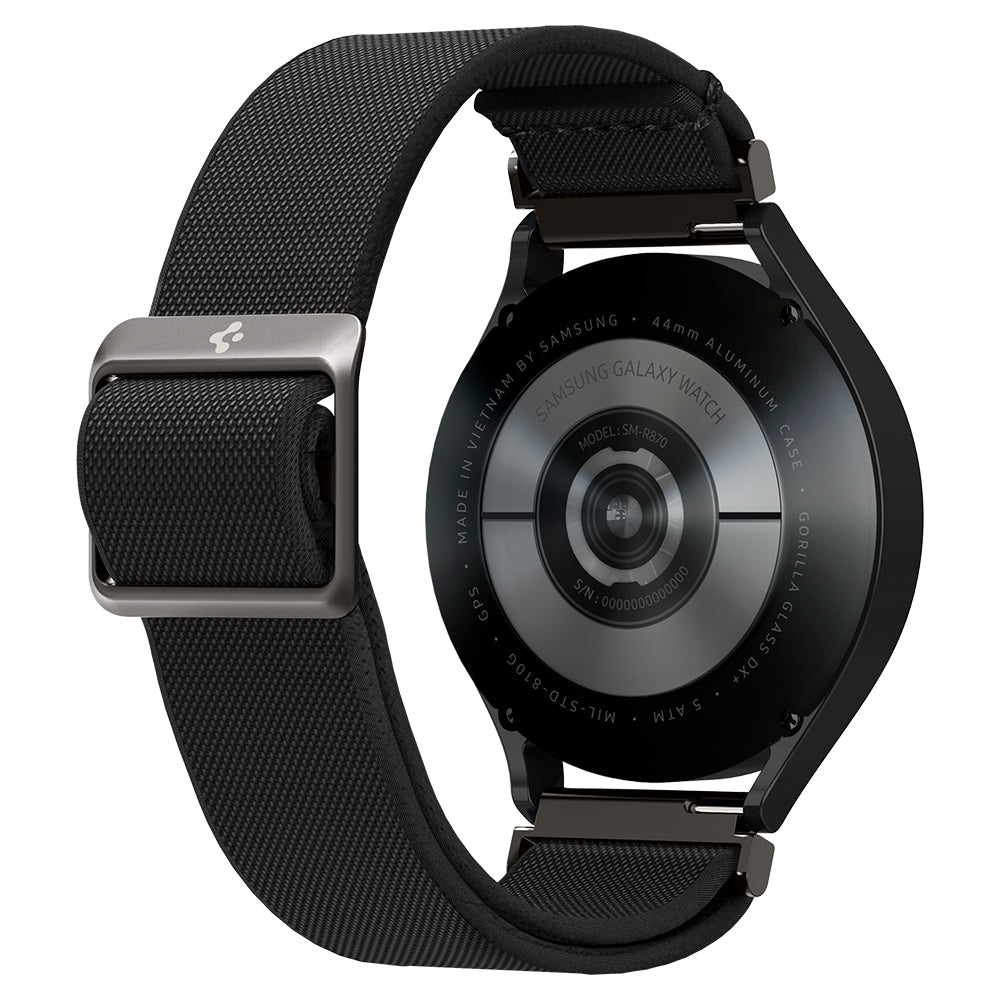Een zwart horloge met een zwarte band. De achterkant toont de details van de Samsung Galaxy Watch.