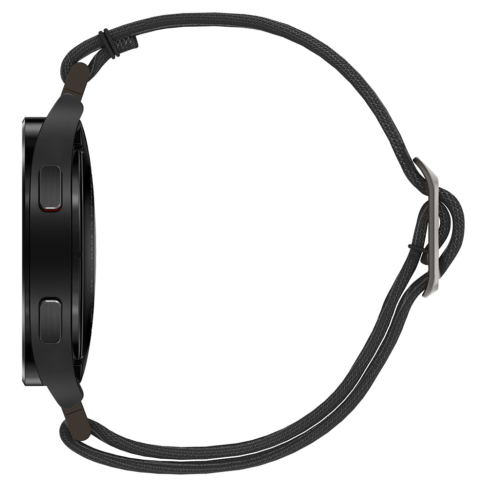 Zwarte smartwatch met een zwarte band. De band is gemaakt van een textuur.