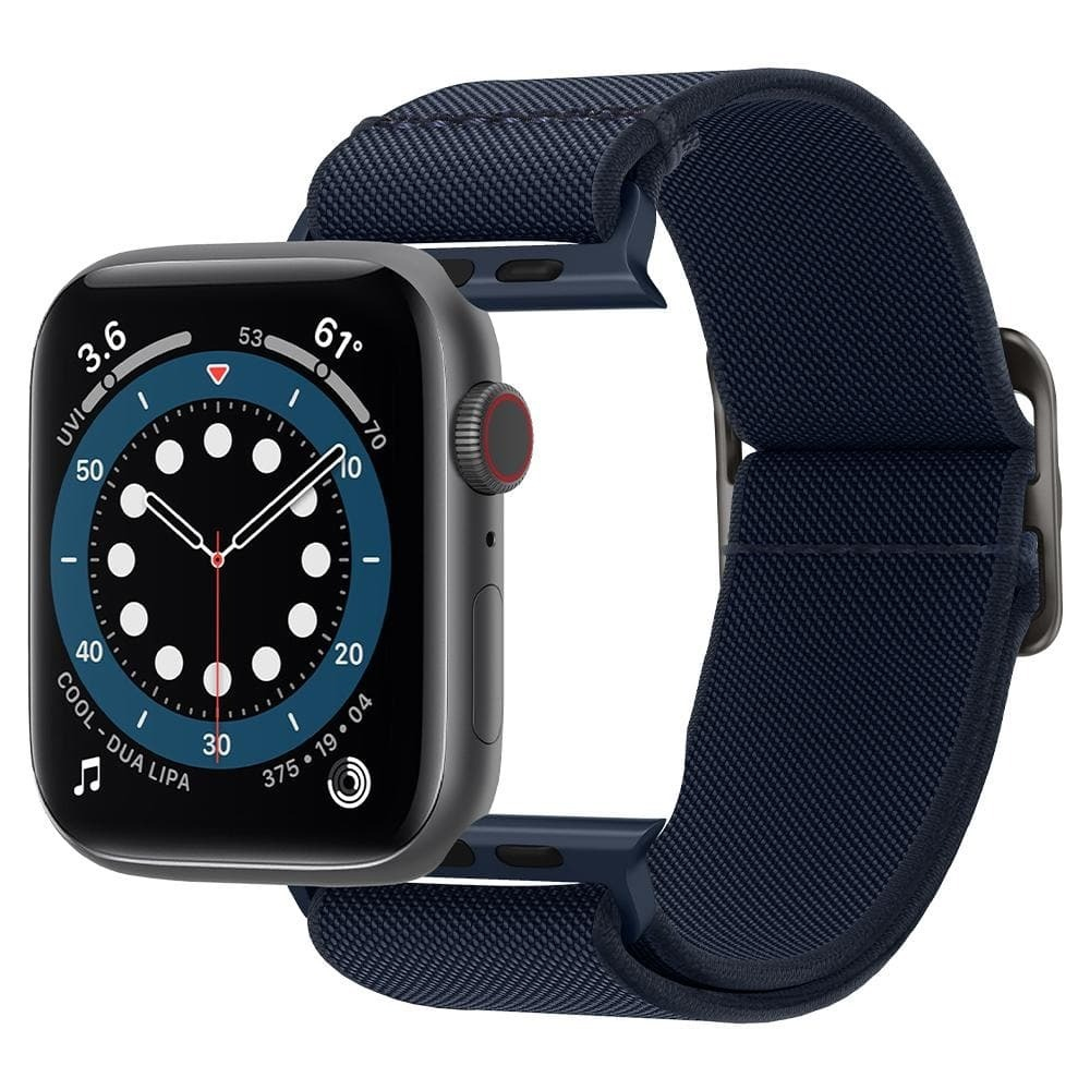 Smartwatch with a blue strap. The watch shows the time and data.