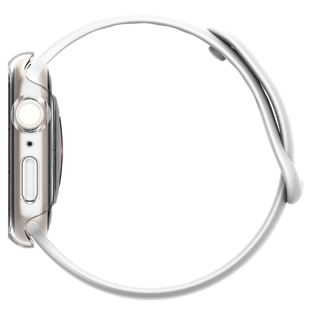 Silver Apple Watch with a white band, side view, showing the side button and crown.