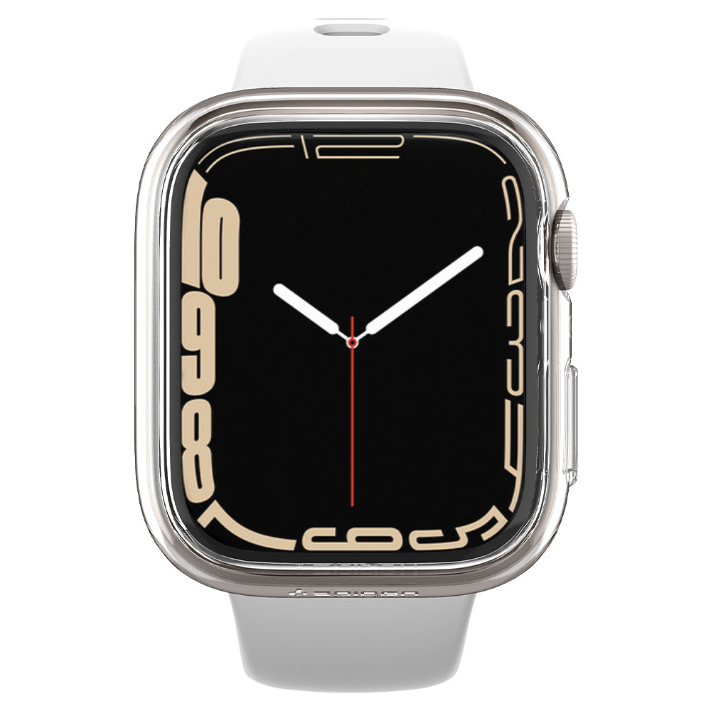 An Apple Watch with a black screen displaying the time, featuring a silver case and a white strap.