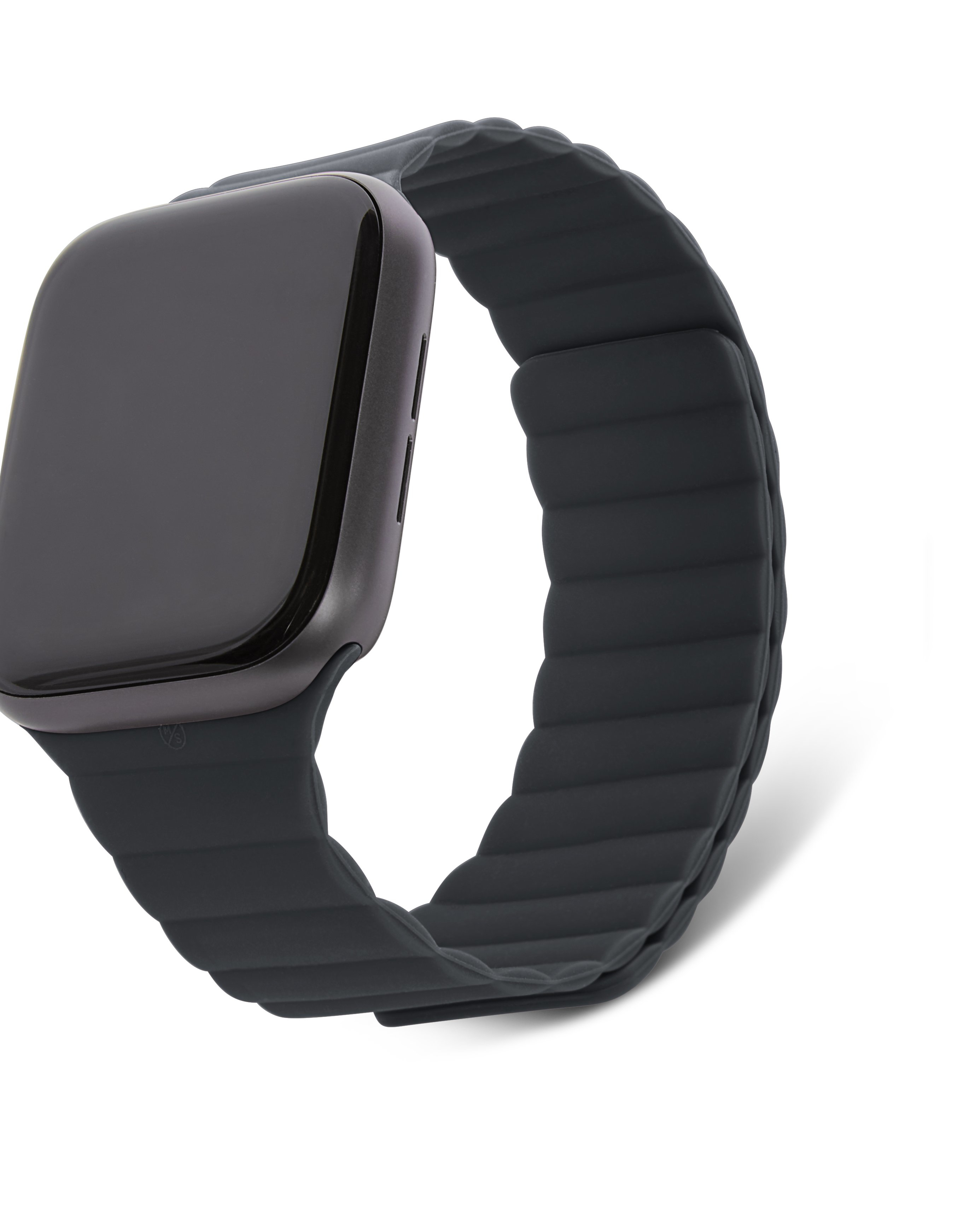 Apple Watch z ciemnoszarym paskiem magnetycznym, zegarek na białym tle.