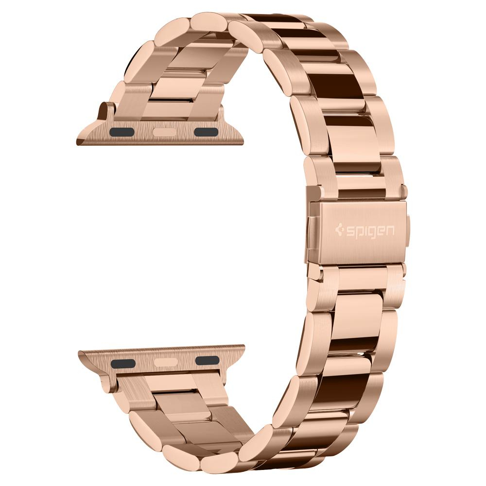 Cinturino Apple Watch oro rosa, maglie visibili, logo Spigen sulla chiusura.