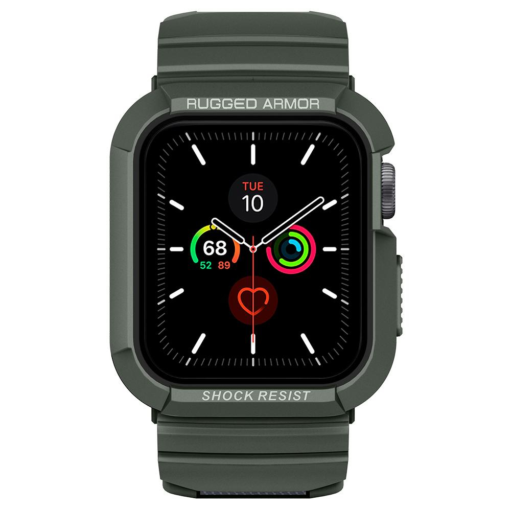 Zielono-oliwkowy smartwatch z ochronnym etui, pokazujący godzinę, tętno i datę.