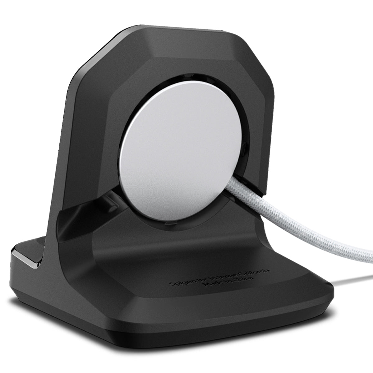 Oplaadstation voor een smartwatch. Zwart oplaadstation met een witte oplaadkabel.