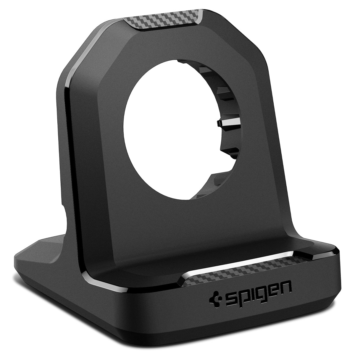 Zwart oplaadstation voor een smartwatch. Toont het oplaadgedeelte en het Spigen logo.