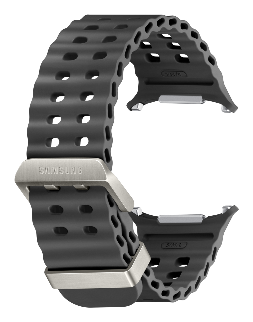 Cinturino nero, fibbia in metallo grigio e logo 'SAMSUNG', con fori.