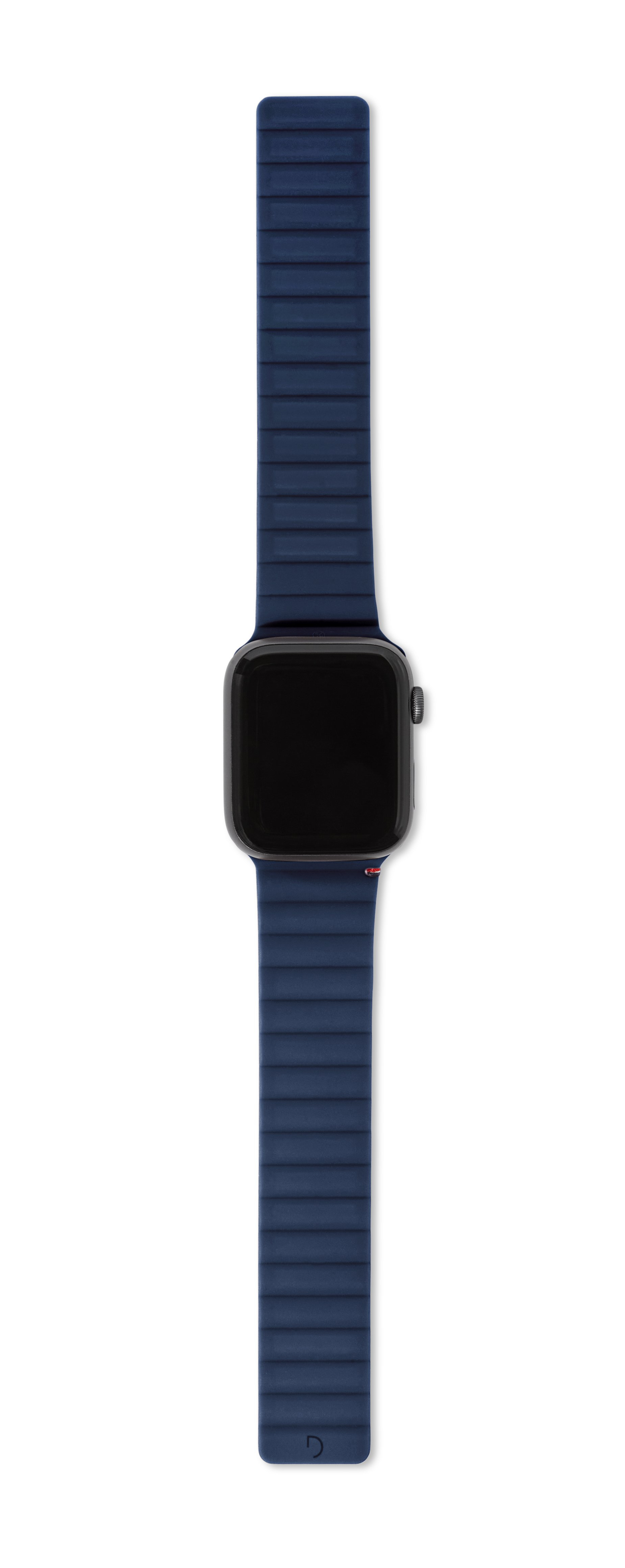 Apple Watch z ciemnoniebieskim, magnetycznym paskiem. Widok z góry.