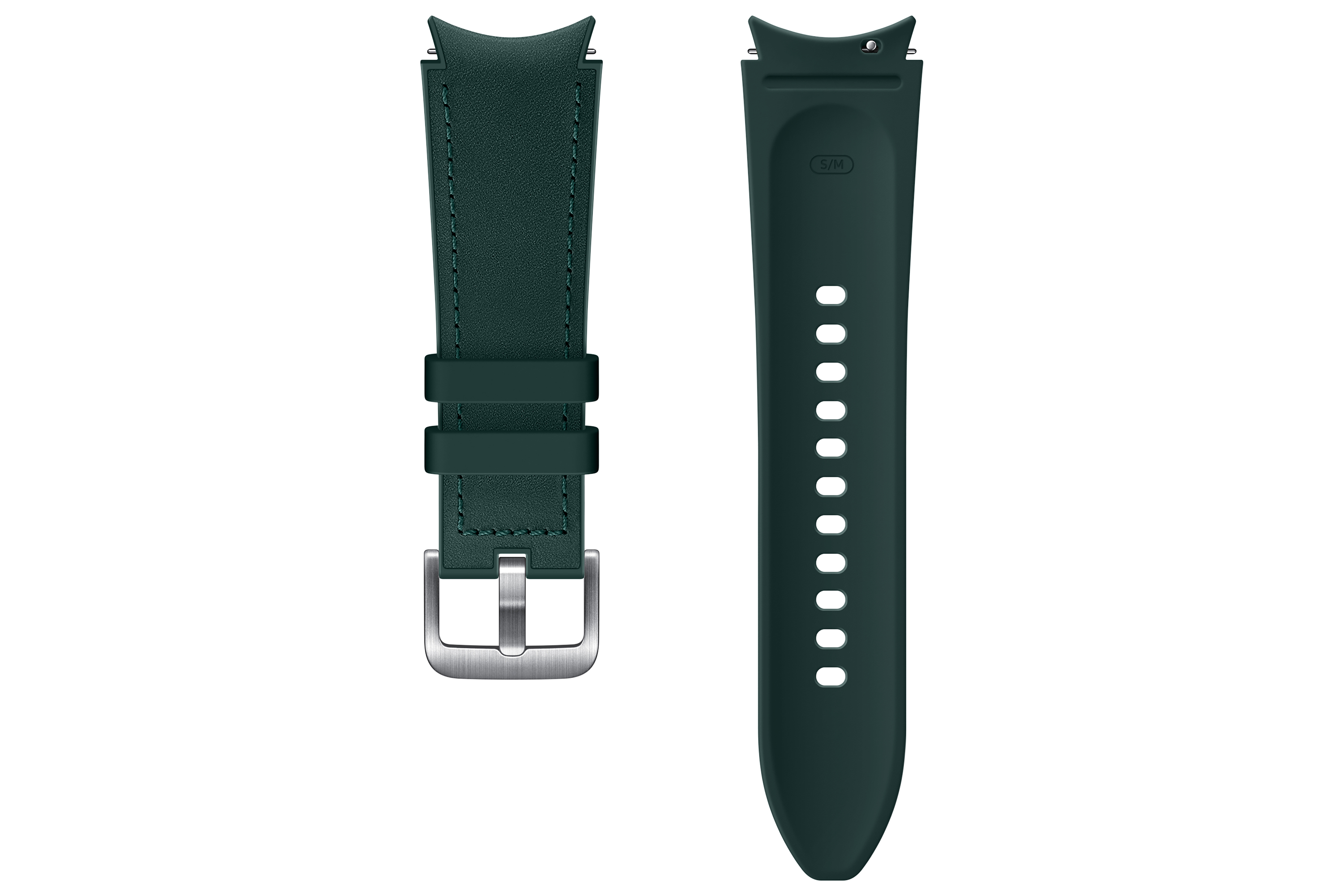 Dunkelgrünes Leder-Uhrenarmband mit Metallschnalle und grünem Band.