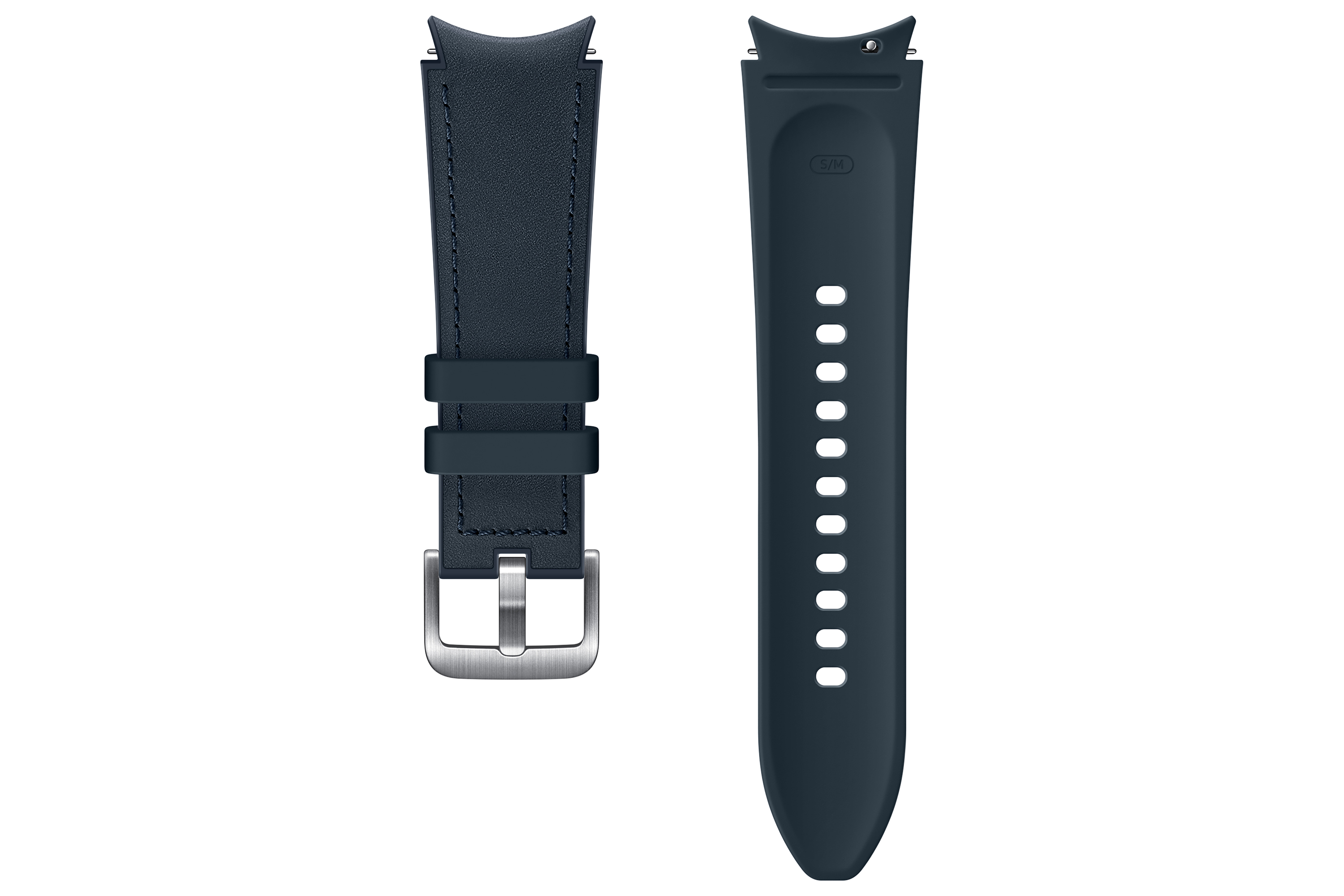 Zwei dunkelblaue Uhrenarmbänder mit silberner Schnalle.