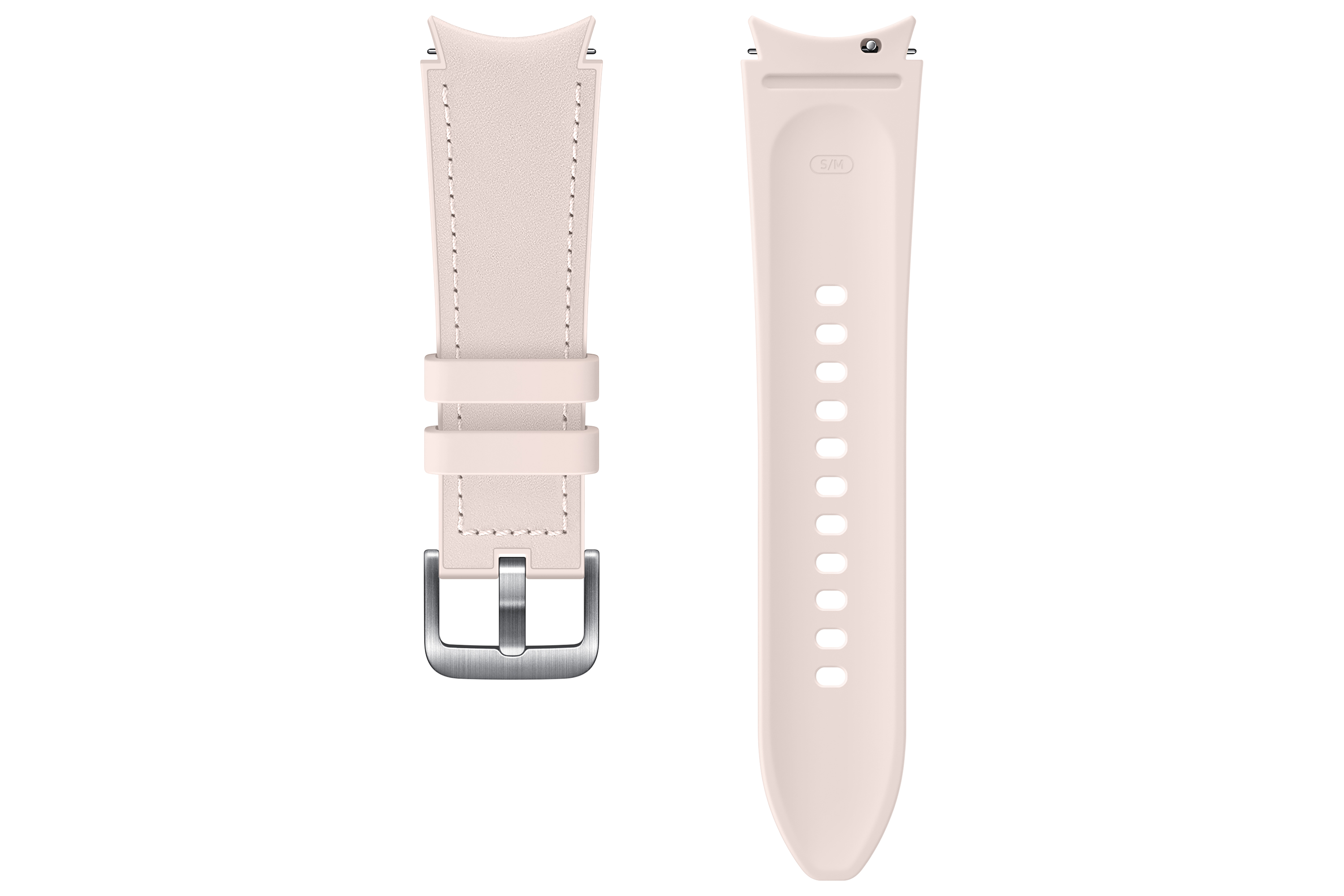 Dos correas de reloj rosa pálido. Una con hebilla, otra con agujeros para ajustar. Ambas sobre fondo blanco.