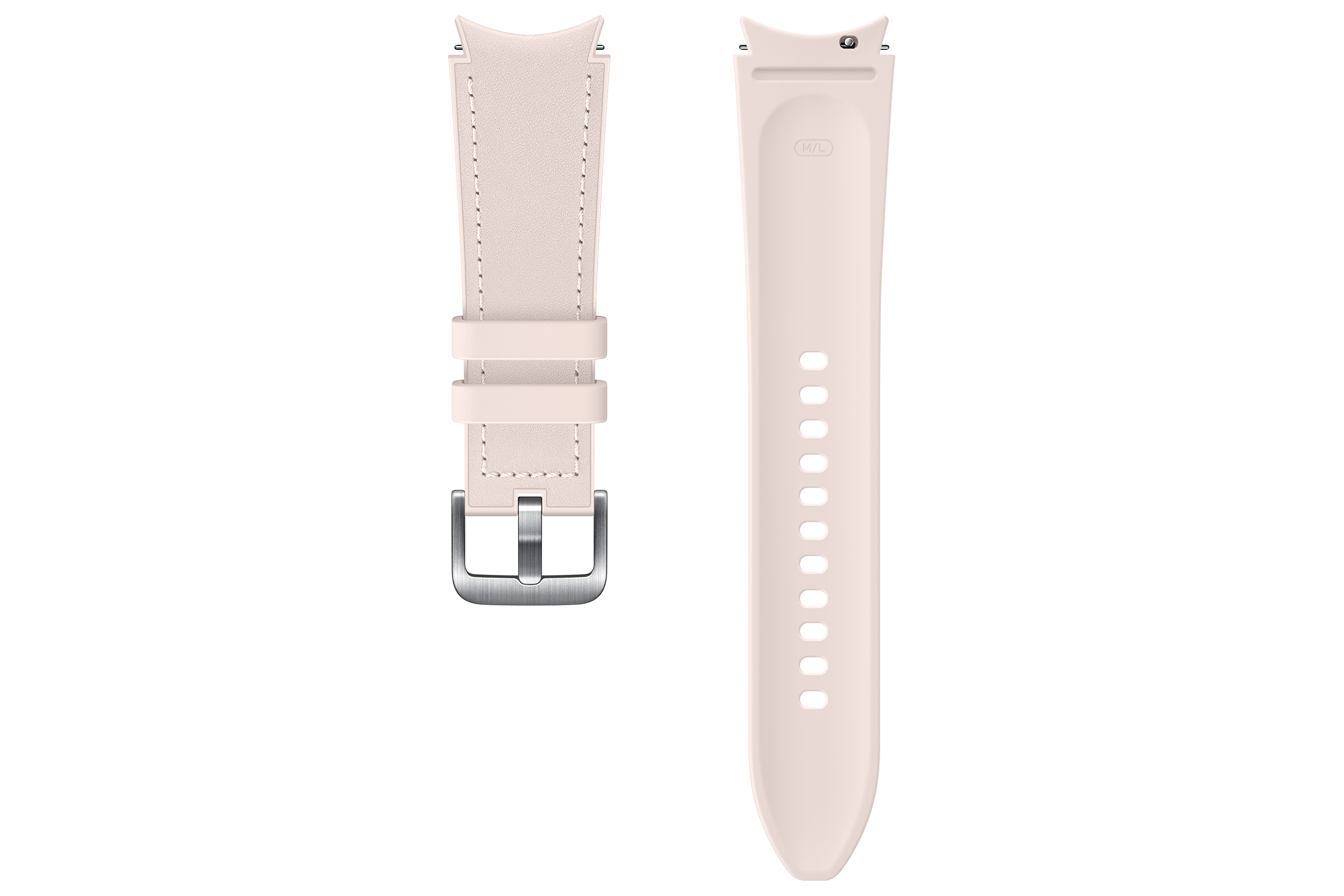Due cinturini rosa pallido, uno con fibbia, su sfondo bianco.
