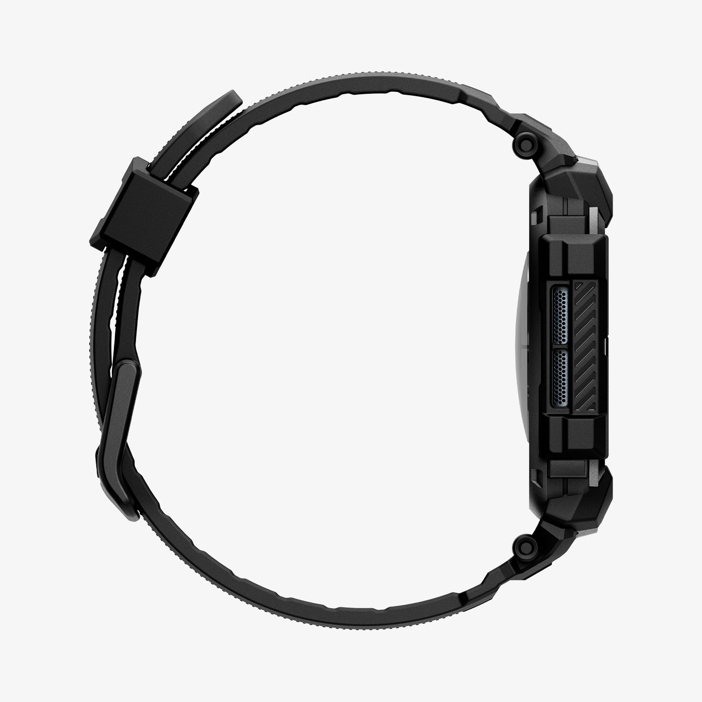 Czarny smartwatch z czarnym paskiem, widok z boku.