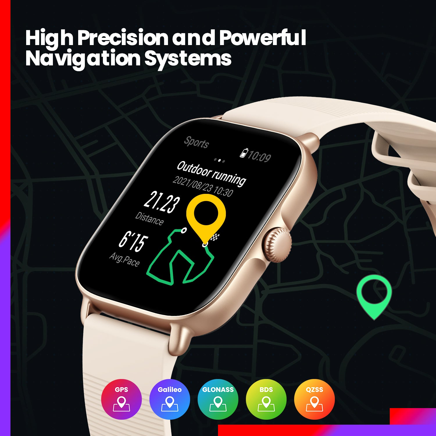 Smartwatch che mostra dati di navigazione, con cassa dorata, su cinturino bianco, e mappa sullo sfondo.
