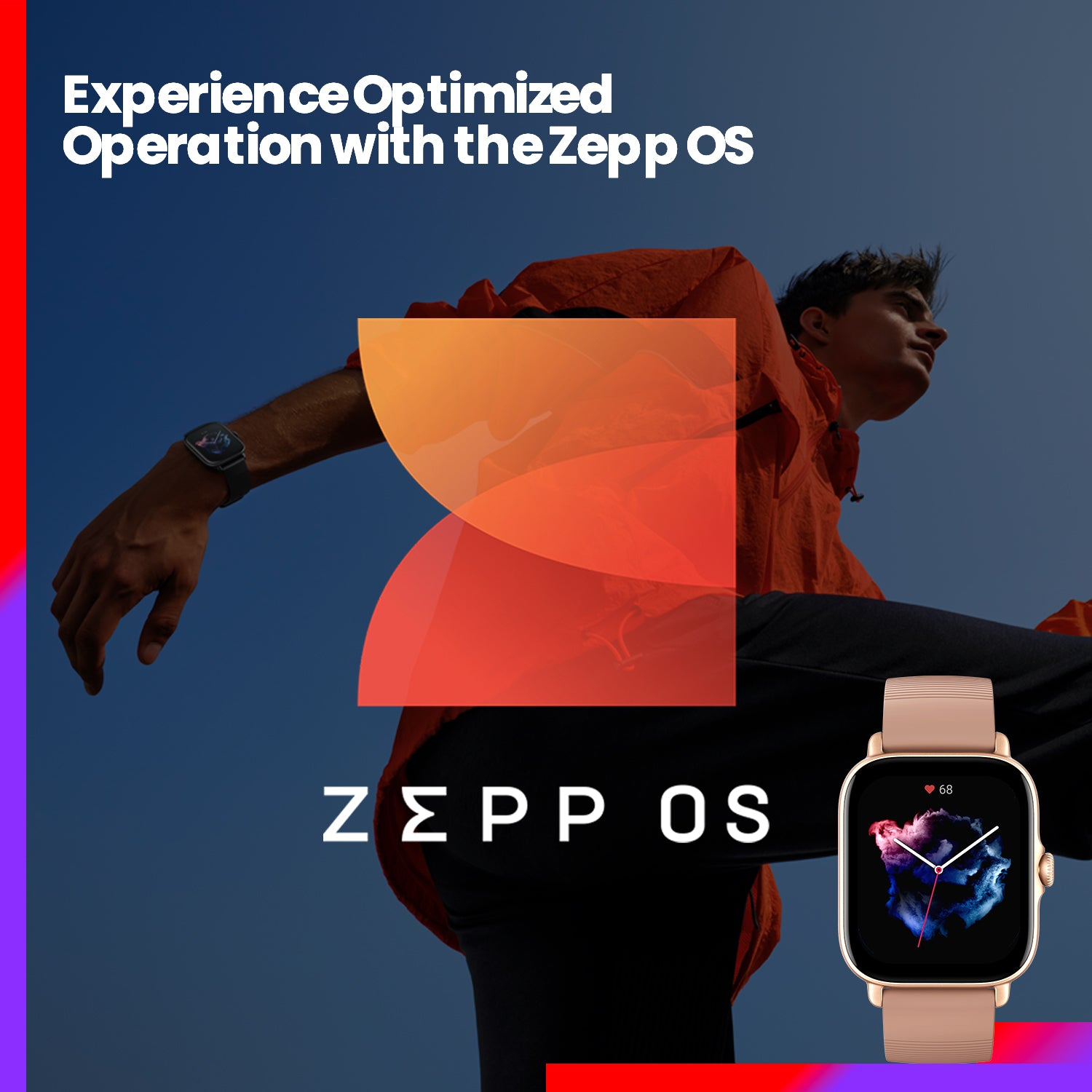 Uomo corre con smartwatch. Sfondo arancione e rosso. Logo Zepp OS e orologio visibili.
