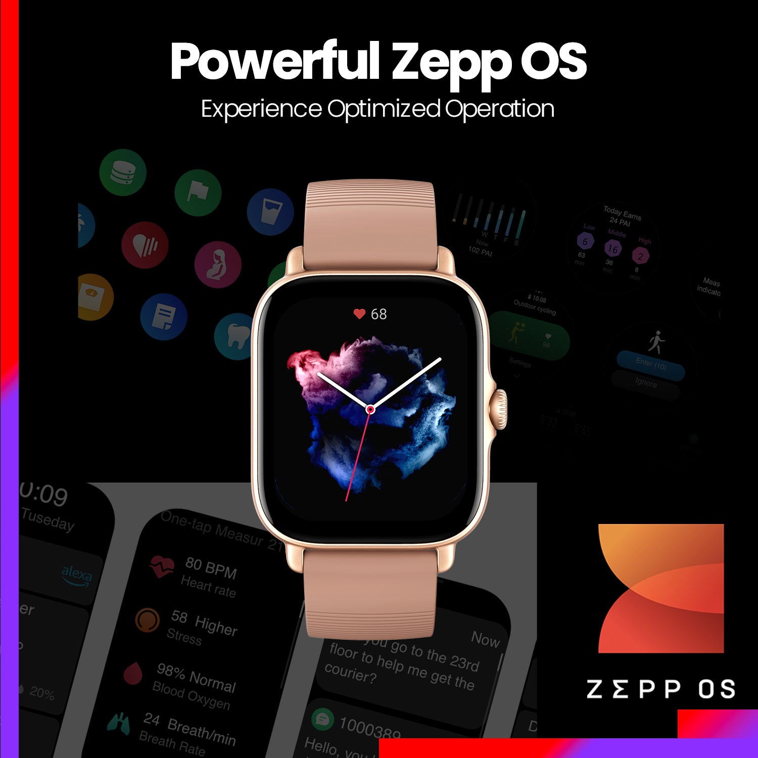 Smartwatch dorato che mostra parametri sanitari, con cinturino rosa, circondato da icone e logo Zepp OS.