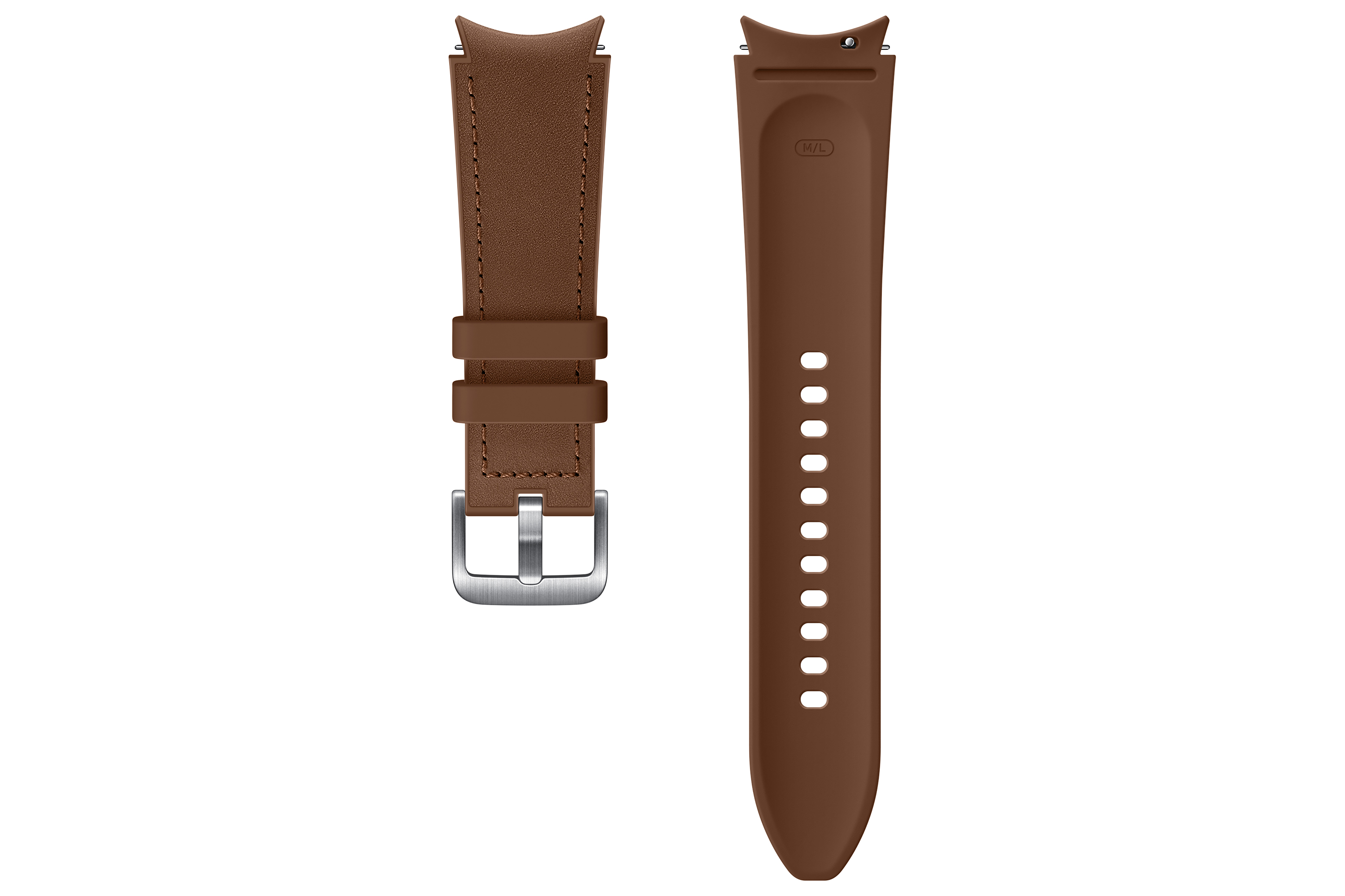 Dos correas de reloj de cuero marrón, una con hebilla plateada, sobre fondo blanco.