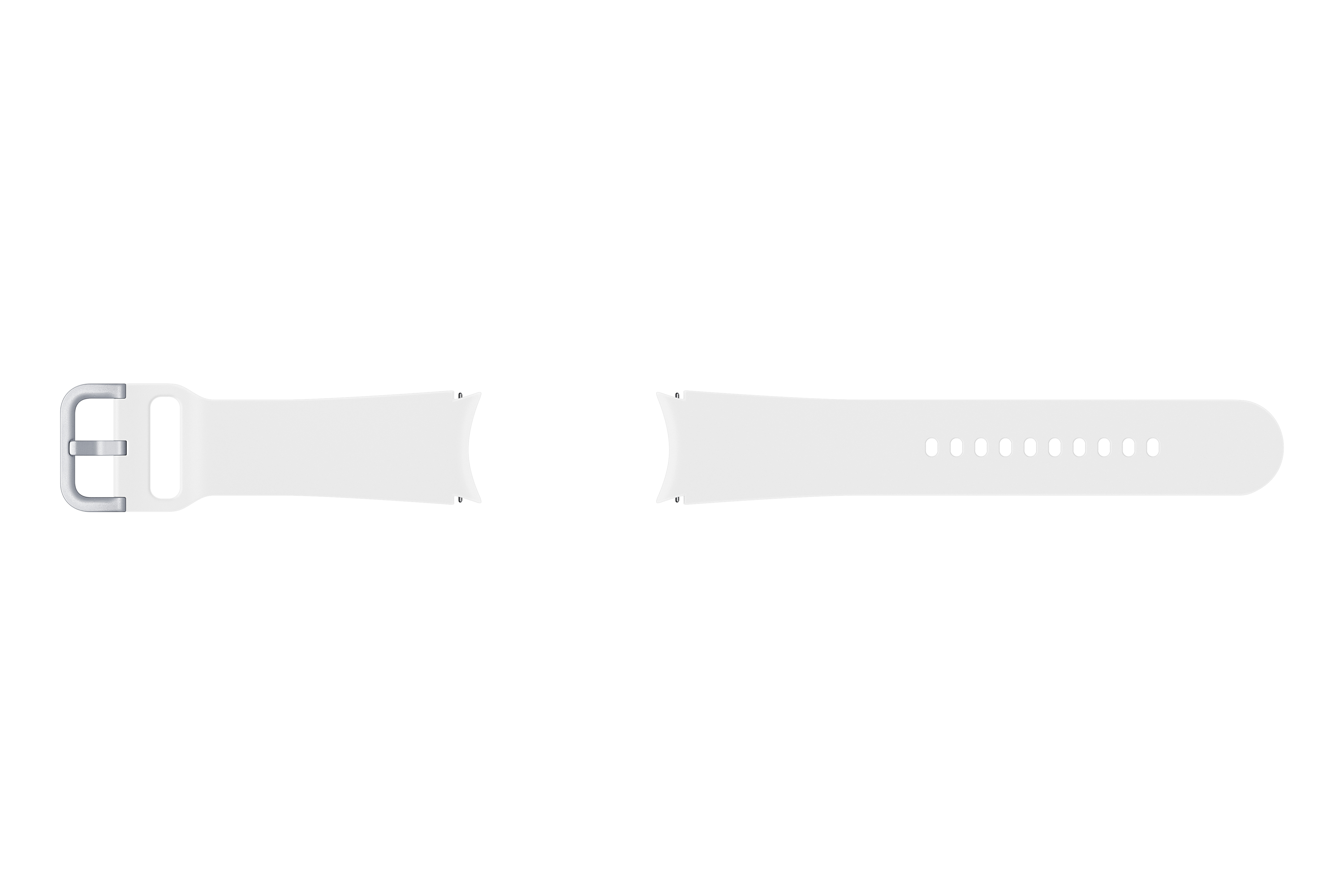 Biały pasek do zegarka. Silikonowe części. Metalowa klamra. Białe tło.