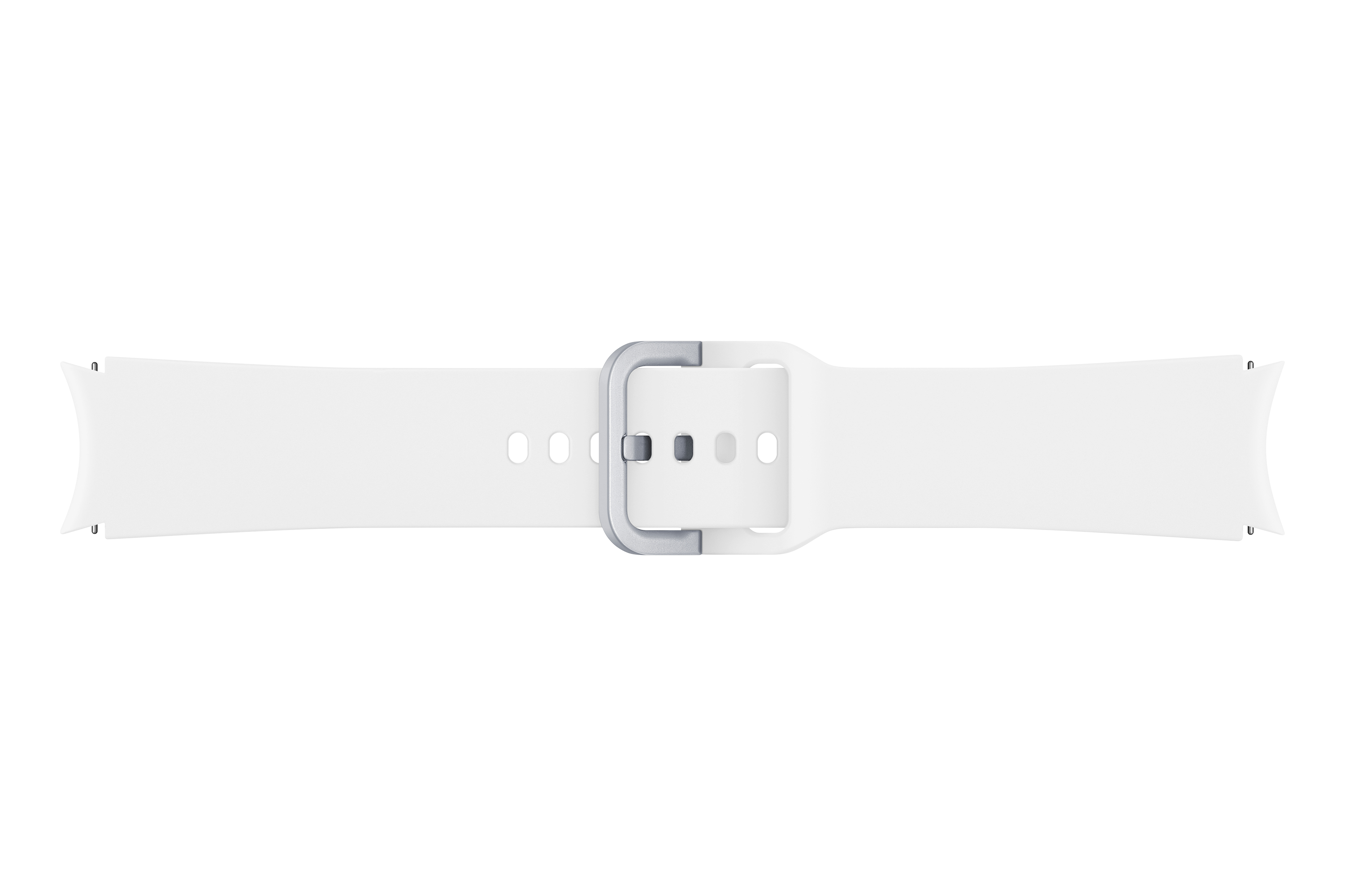 Biały pasek do zegarka ze srebrną klamrą, na białym tle.