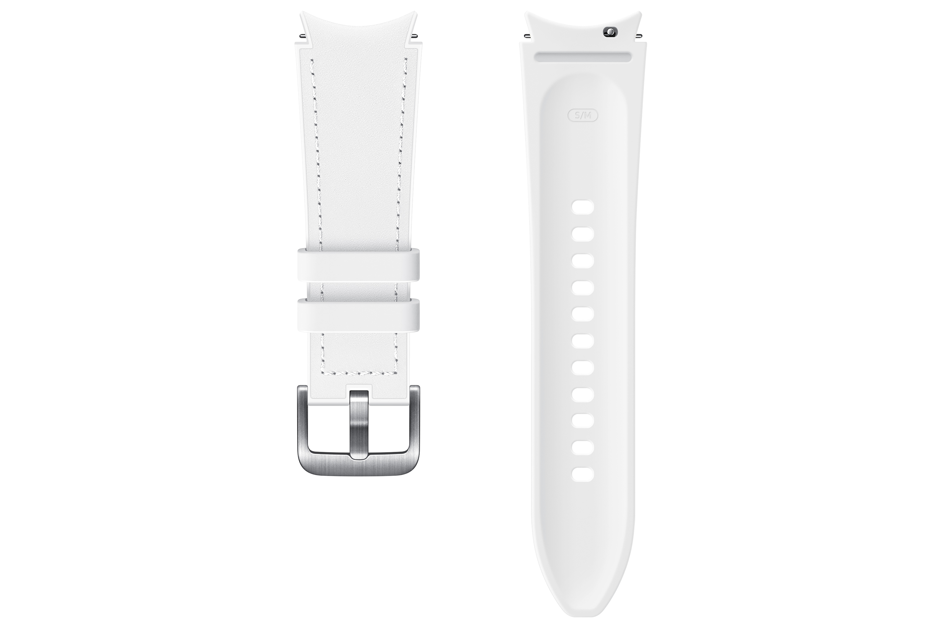 Weißes Uhrenarmband. Leder- und Silikonteile. Metallschnalle. Weißer Hintergrund.