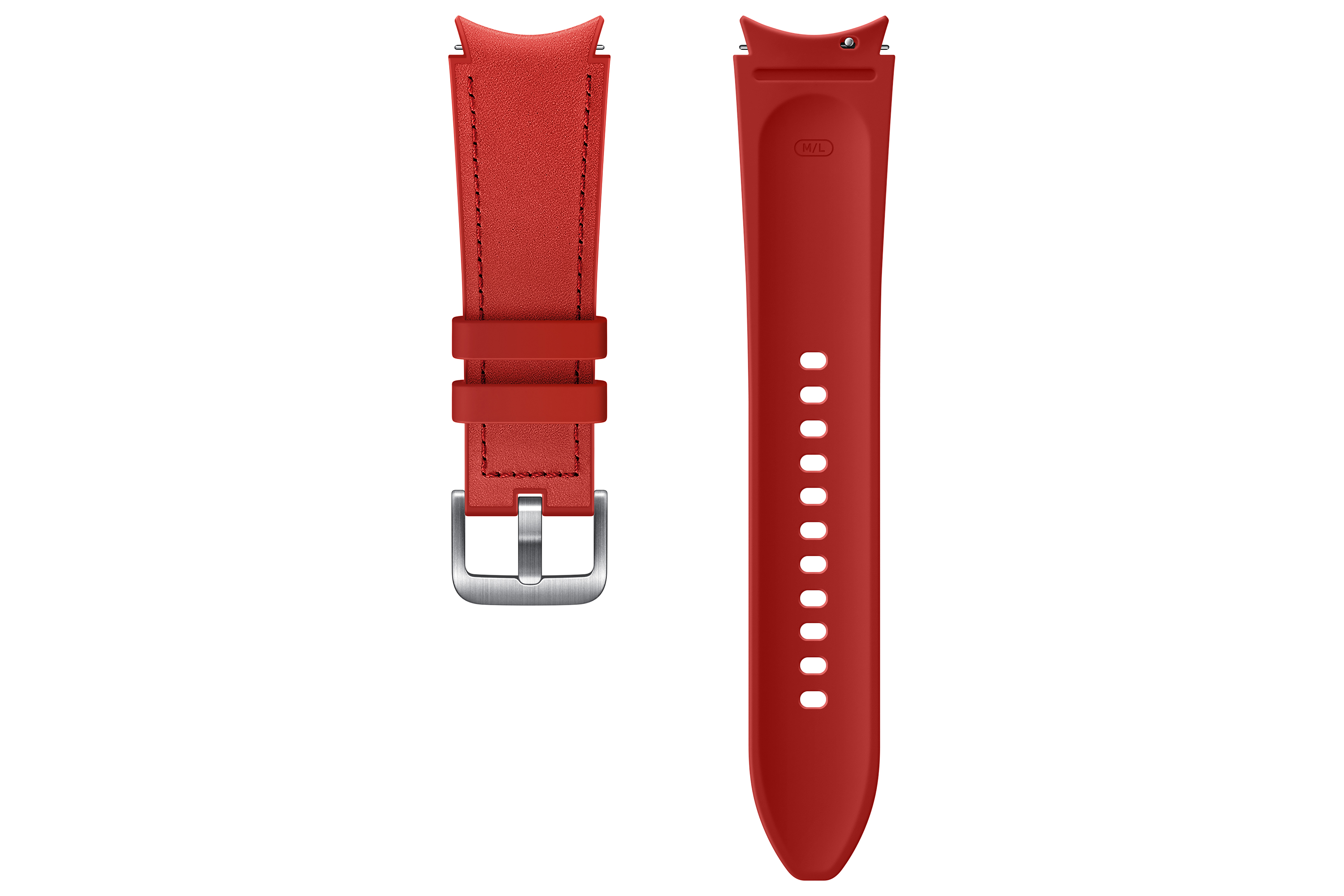 Correa de reloj roja. Partes de cuero y silicona. Hebilla de metal. Fondo blanco.