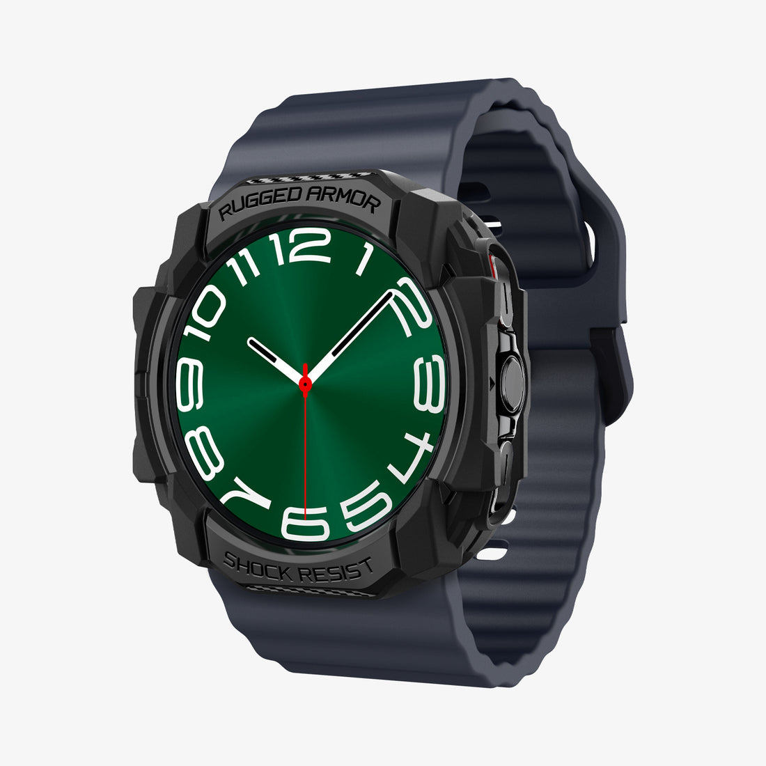 Czarny zegarek z zieloną tarczą, białym tekstem i czarnym paskiem. Na białym tle.