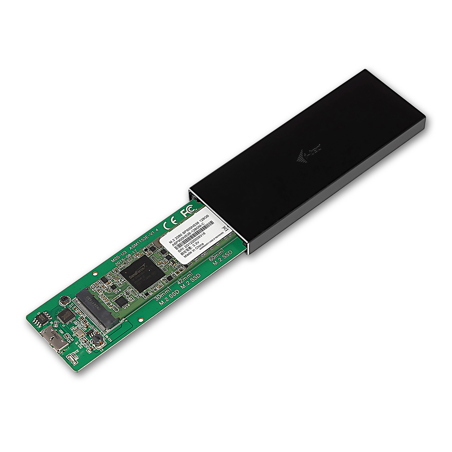 SSD-Gehäuse mit Platine. Schwarz mit Text. Isoliert auf Weiß.